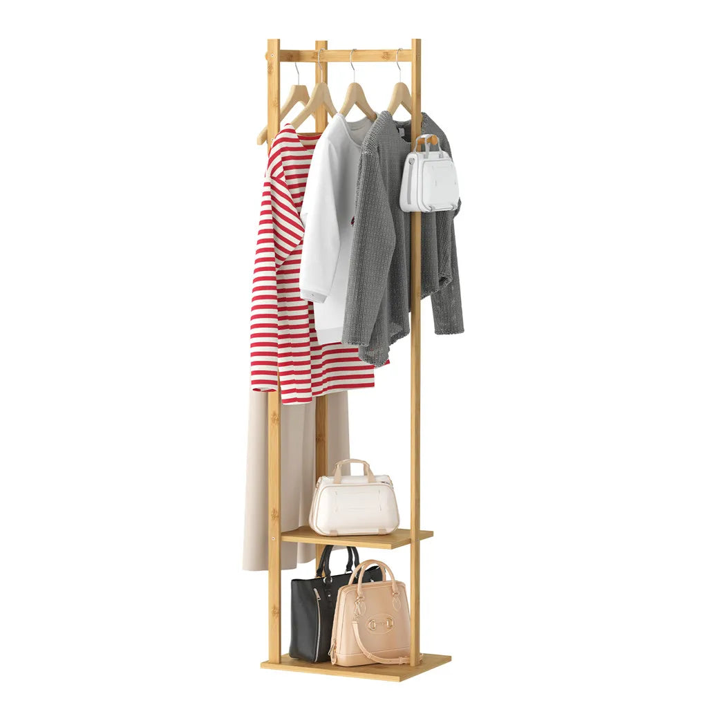 Bamboo Coat Rack Stand with Hooks and Shelves Freestanding Clothes Organiser Natural Wood