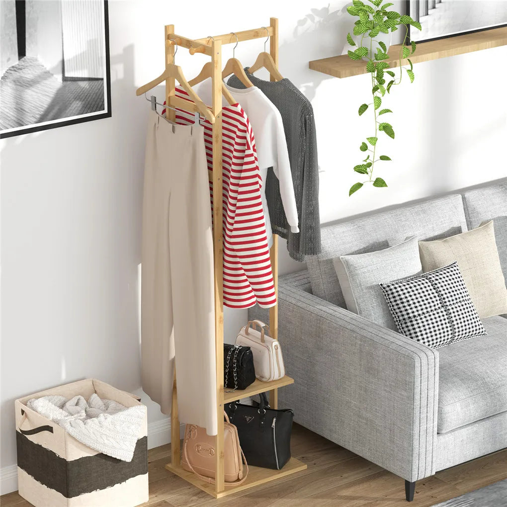 Bamboo Coat Rack Stand with Hooks and Shelves Freestanding Clothes Organiser Natural Wood