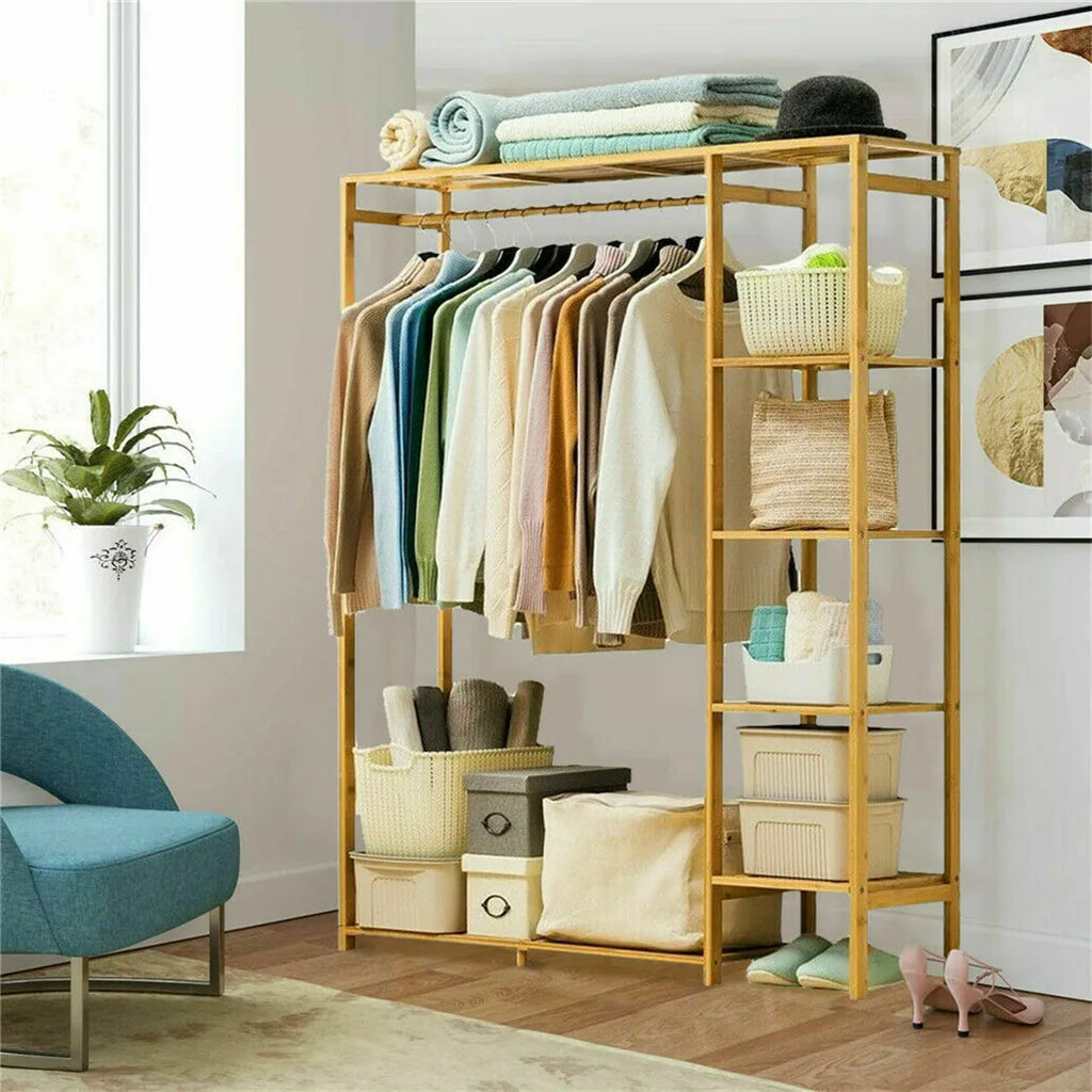 Bamboo Clothes Rack with Shelves and Dustproof Curtain Freestanding Garment Rack Brown