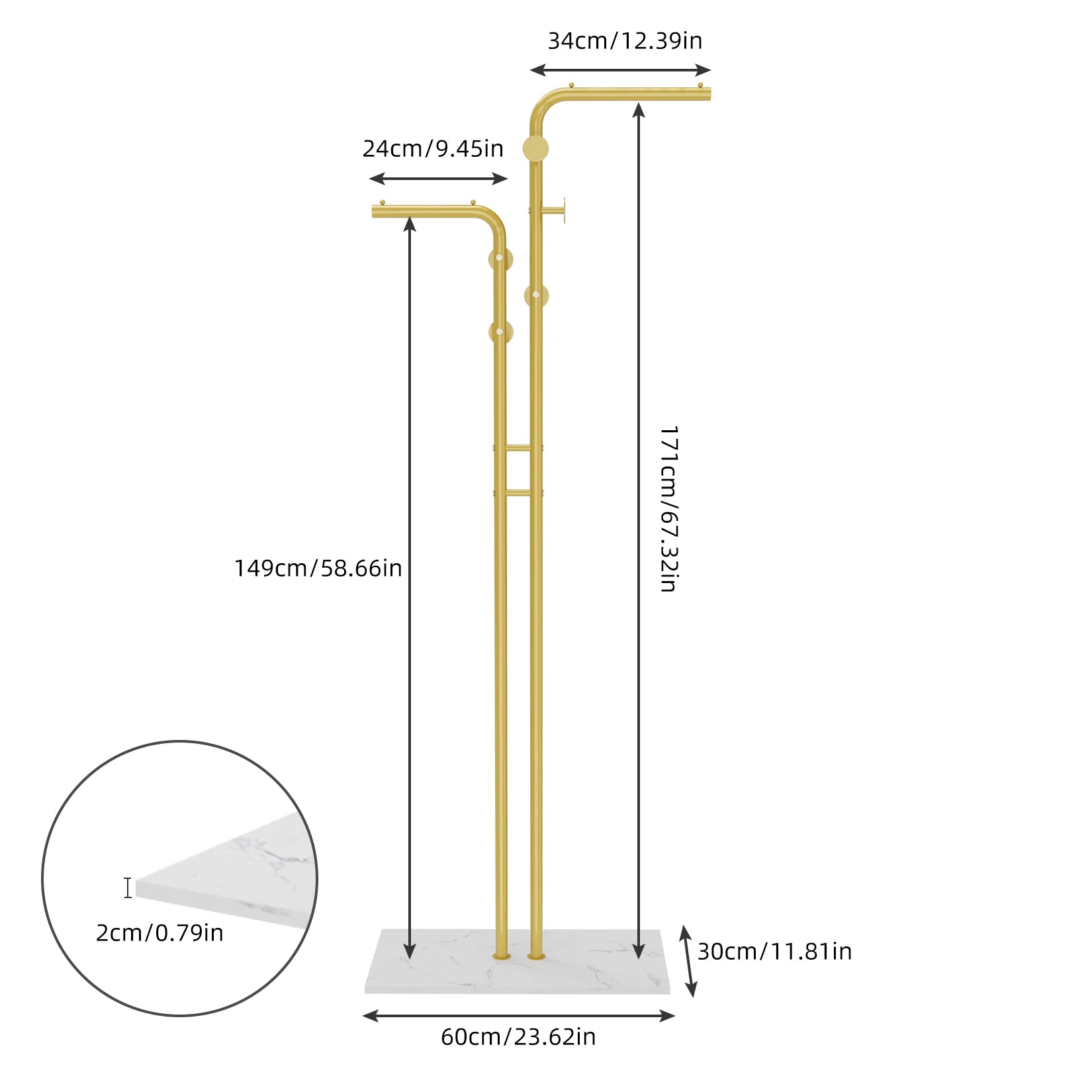 Freestanding Coat Rack with Marble Base and Metal Hooks Modern Hat and Coat Stand Gold