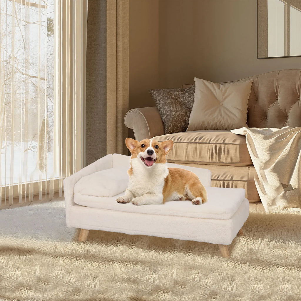 Pet Sofa Bed with Cushion and Wooden Legs Plush Dog and Cat Lounge Bed Size S