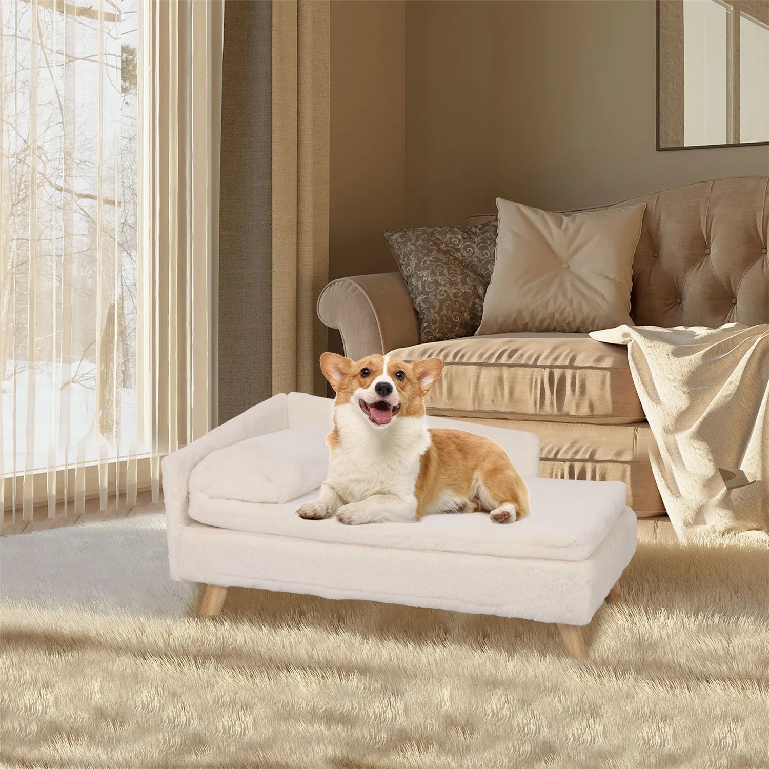 Pet Sofa Bed with Cushion and Wooden Legs Plush Dog and Cat Lounge Bed Size S