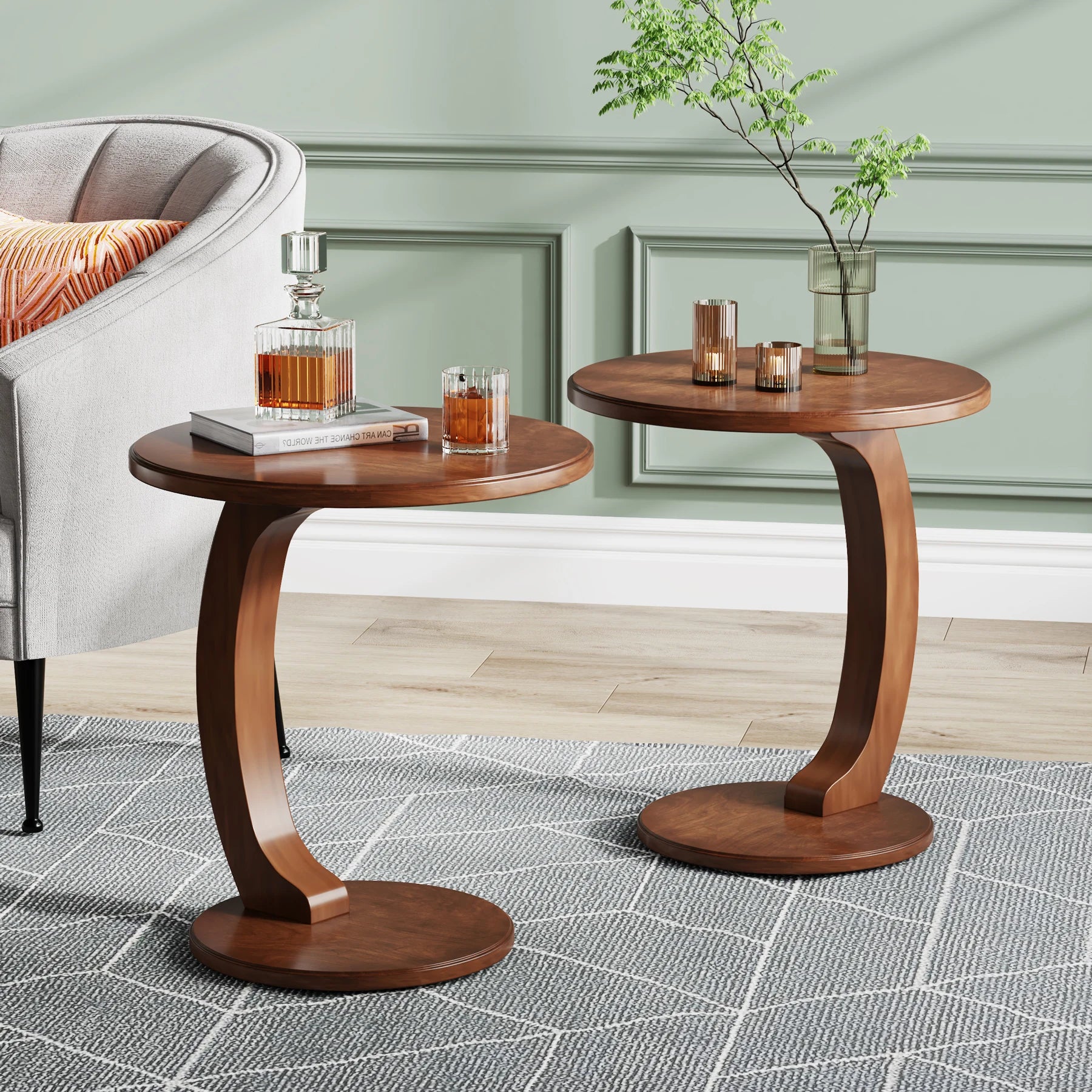 Round Wooden Side Table 48cm Vintage End Table Small Coffee Table for Living Room Bedroom Brown