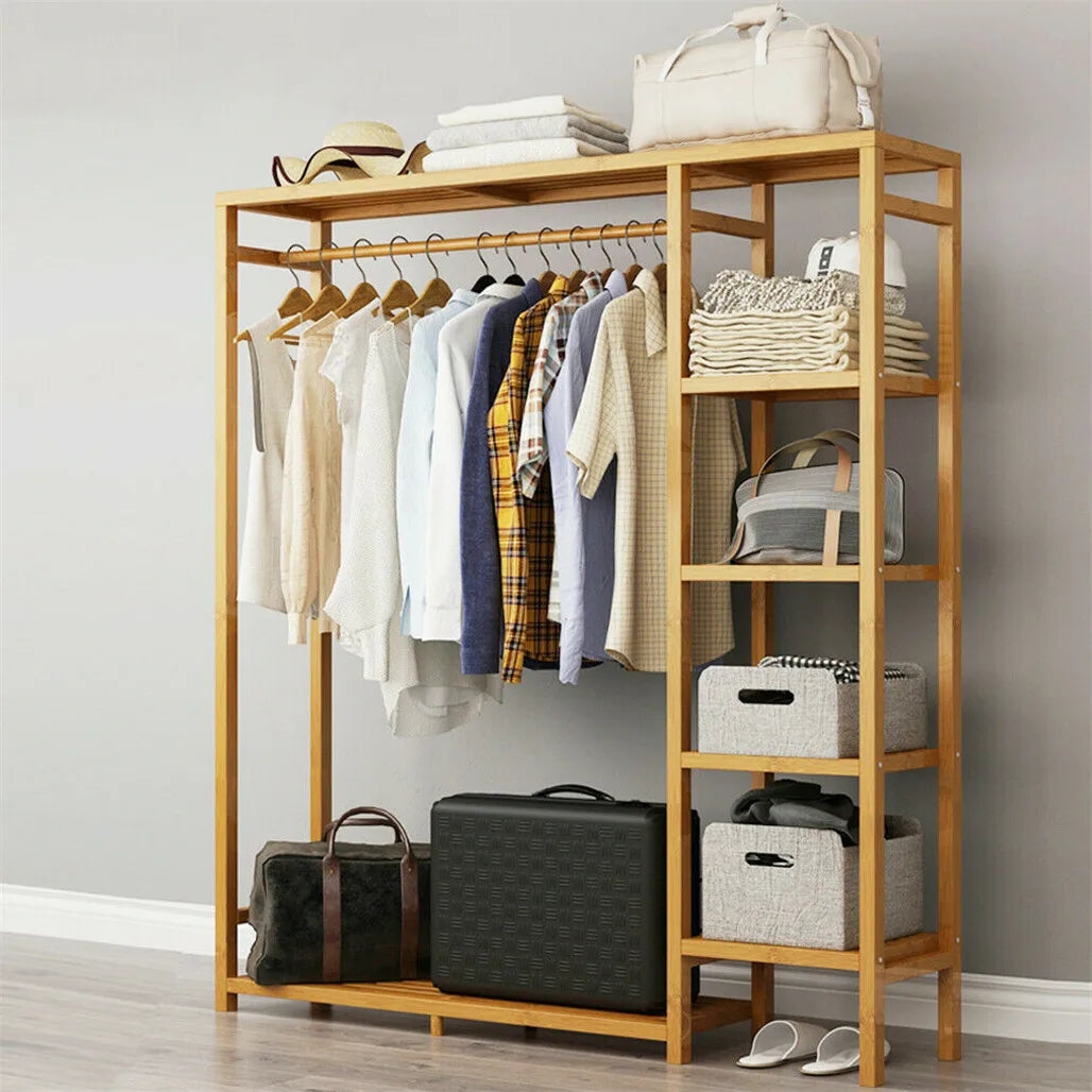 Bamboo Clothes Rack with Shelves and Dustproof Curtain Freestanding Garment Rack Brown