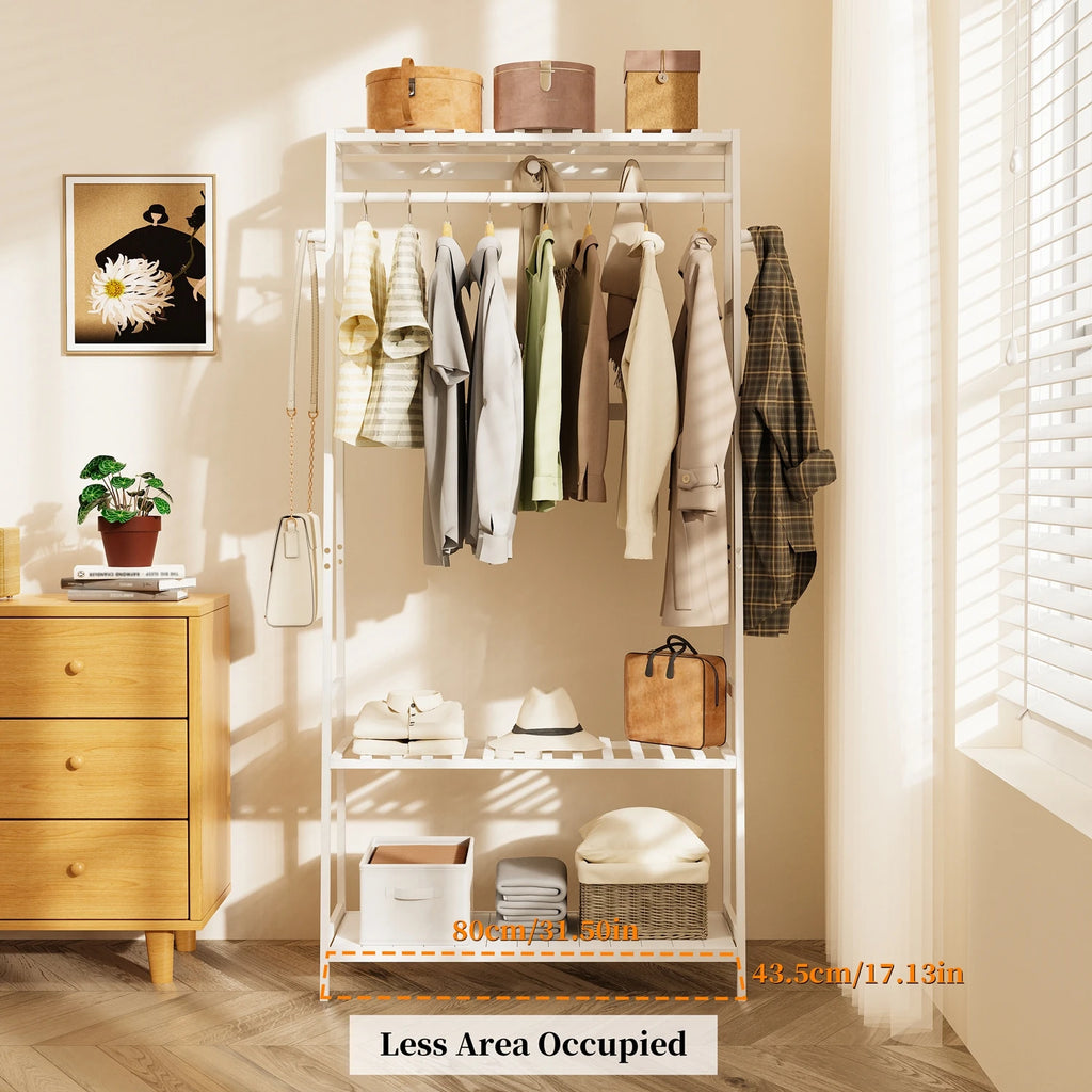 Bamboo Clothes Rack with Shelves and Wheels Freestanding Garment Rack with 10 Hooks White