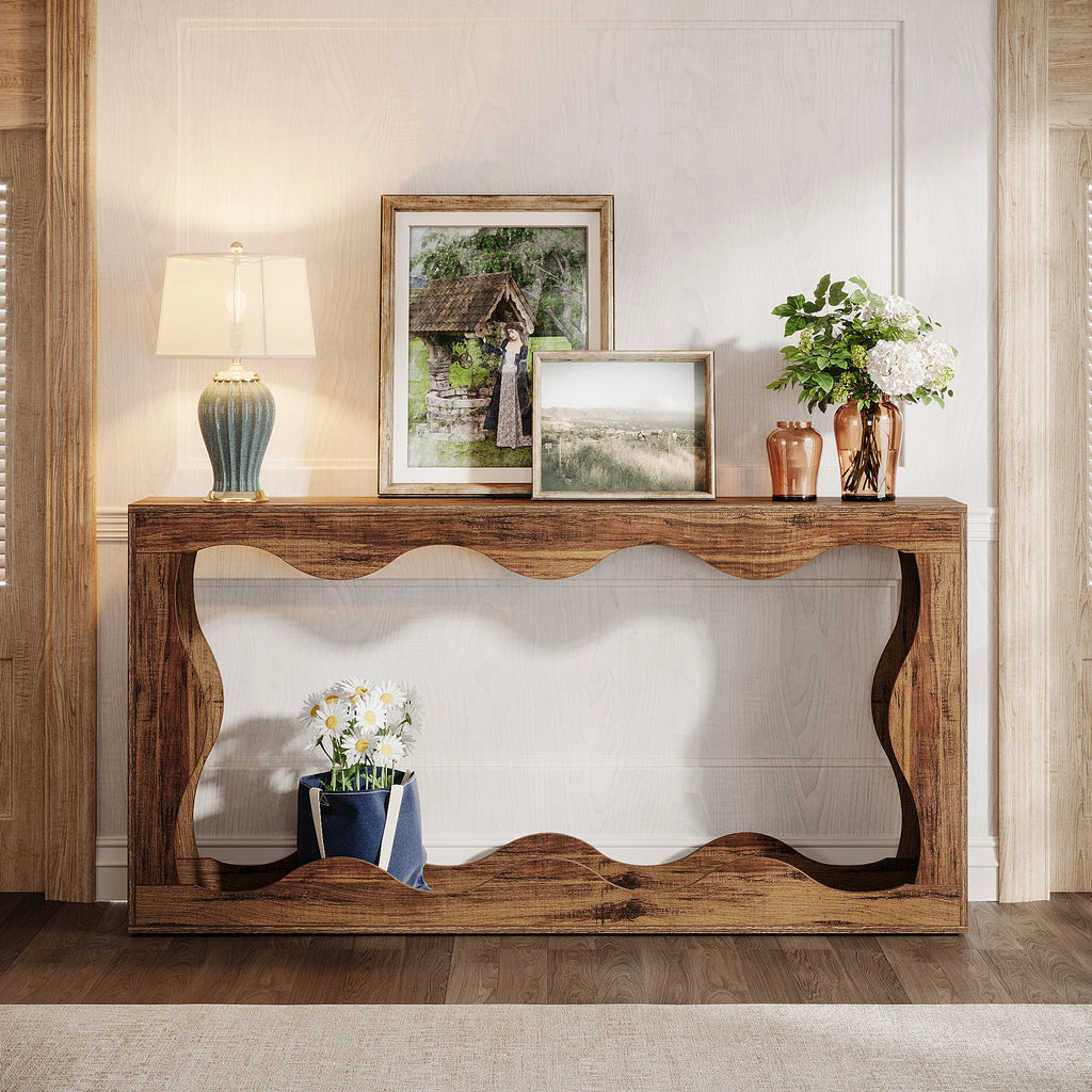 Farmhouse Console Table with 2-Tier Shelf 160cm Entryway Sofa Table Rustic Brown