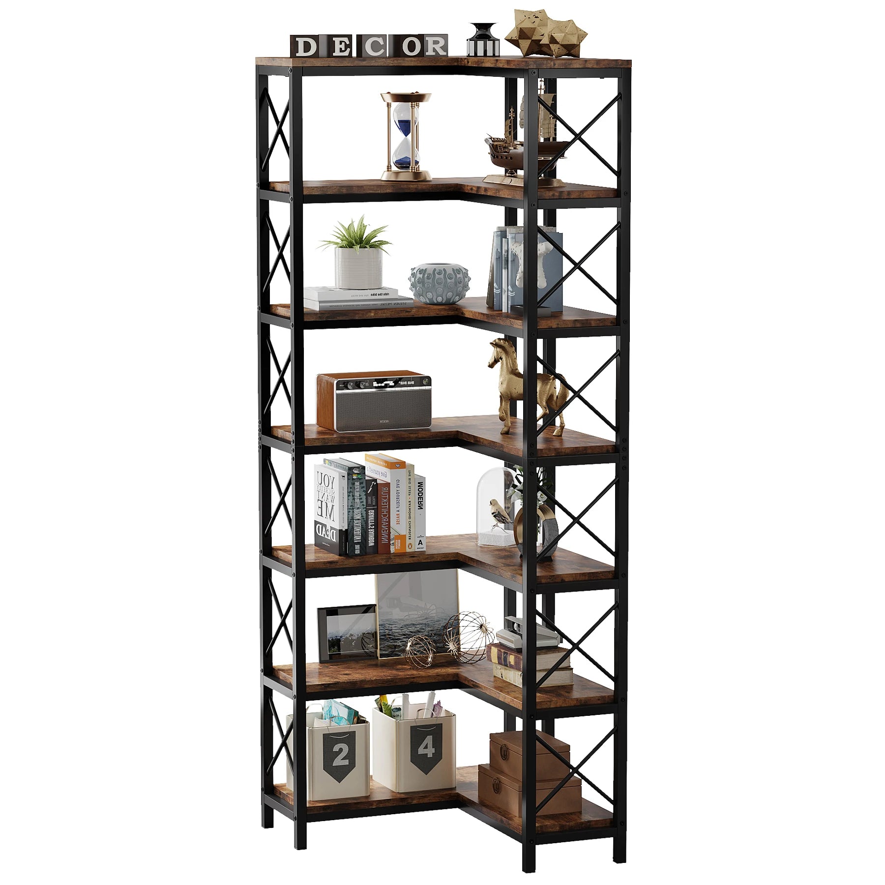 7-Tier Industrial Corner Bookshelf with Metal Frame and Wooden Shelves Heavy Duty Storage Display Rack