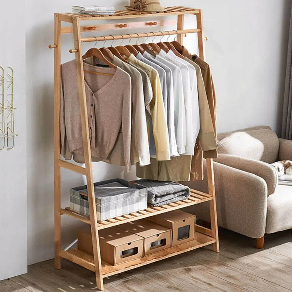 Bamboo Clothes Rack with Shelves, Hooks and Wheels Freestanding Garment Rack Organiser Natural Wood