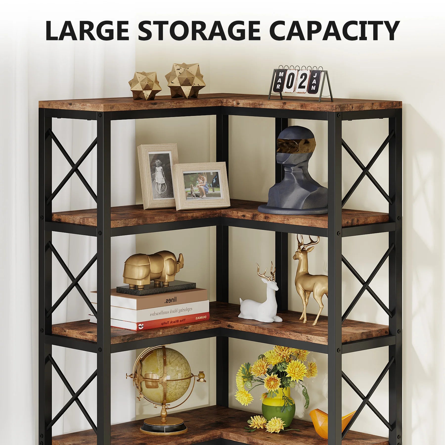 7-Tier Industrial Corner Bookshelf with Metal Frame and Wooden Shelves Heavy Duty Storage Display Rack