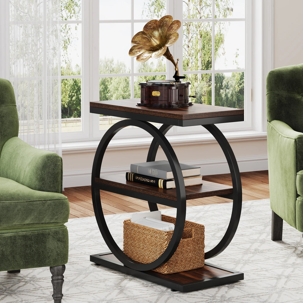 3-Tier Industrial Side Table with Metal Frame and Wooden Shelves Slim Storage End Table