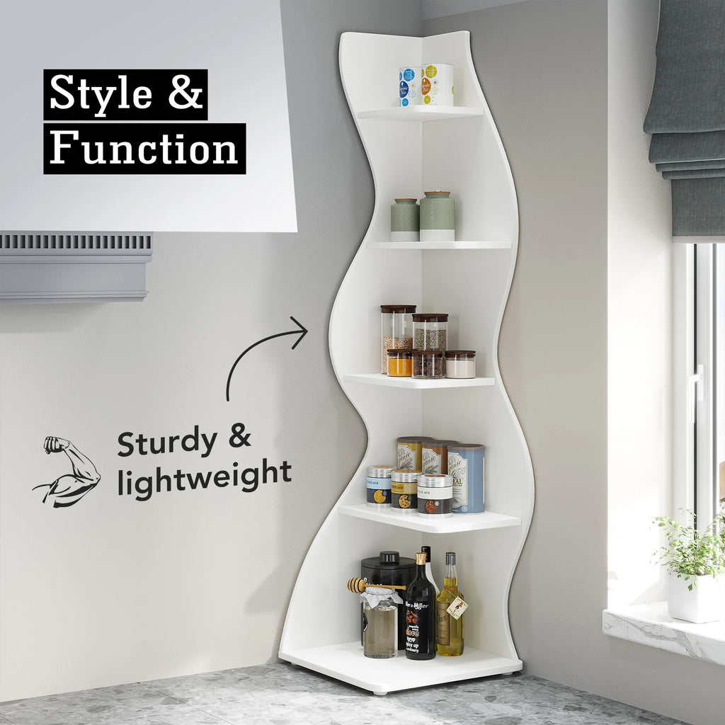 5-Tier White Corner Shelf Storage Rack Wooden Display Bookshelf for Living Room Bedroom Office White