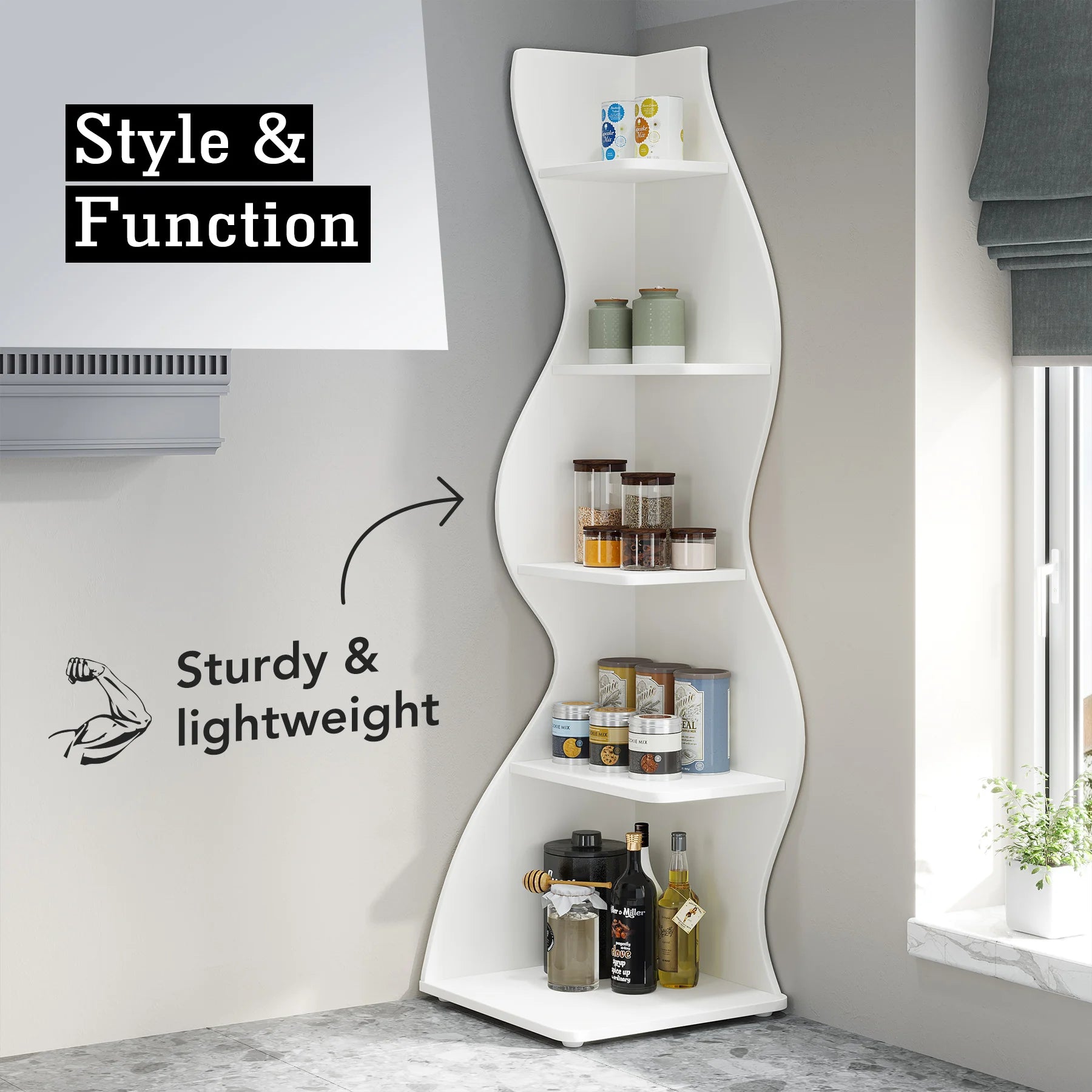 5-Tier White Corner Shelf Storage Rack Wooden Display Bookshelf for Living Room Bedroom Office White