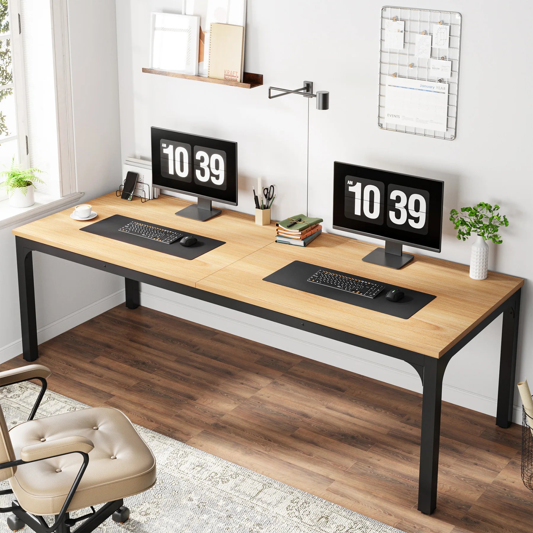 200cm Industrial Computer Desk for 2 People with Metal Frame Large Double Workstation Table Wood Finish With Black Frame