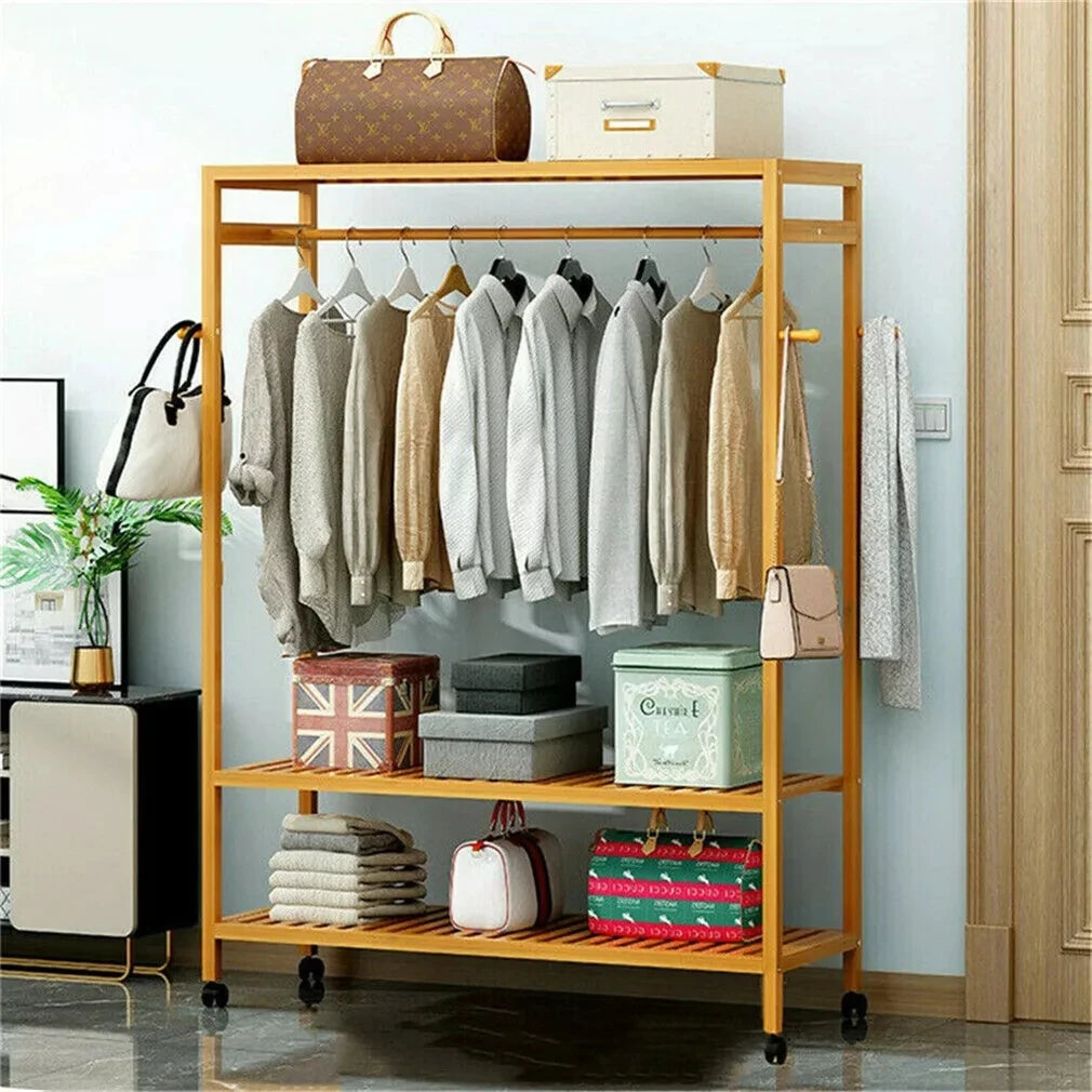 Bamboo Clothes Rack with Shelves, Hooks and Wheels Freestanding Garment Rack Natural Wood