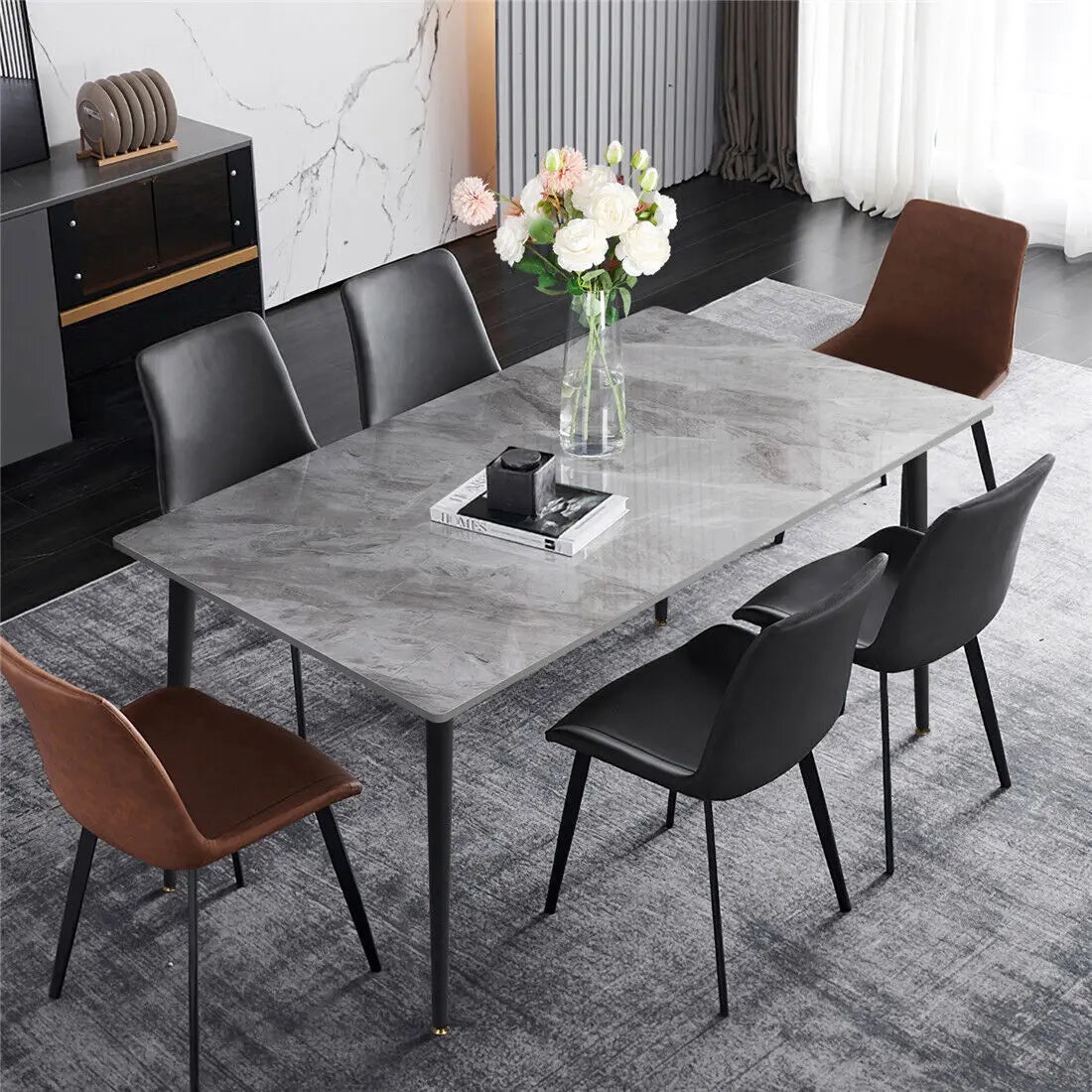 Rectangular Marble Dining Table with Metal Frame 120cm Modern Kitchen Dining Table Glossy White