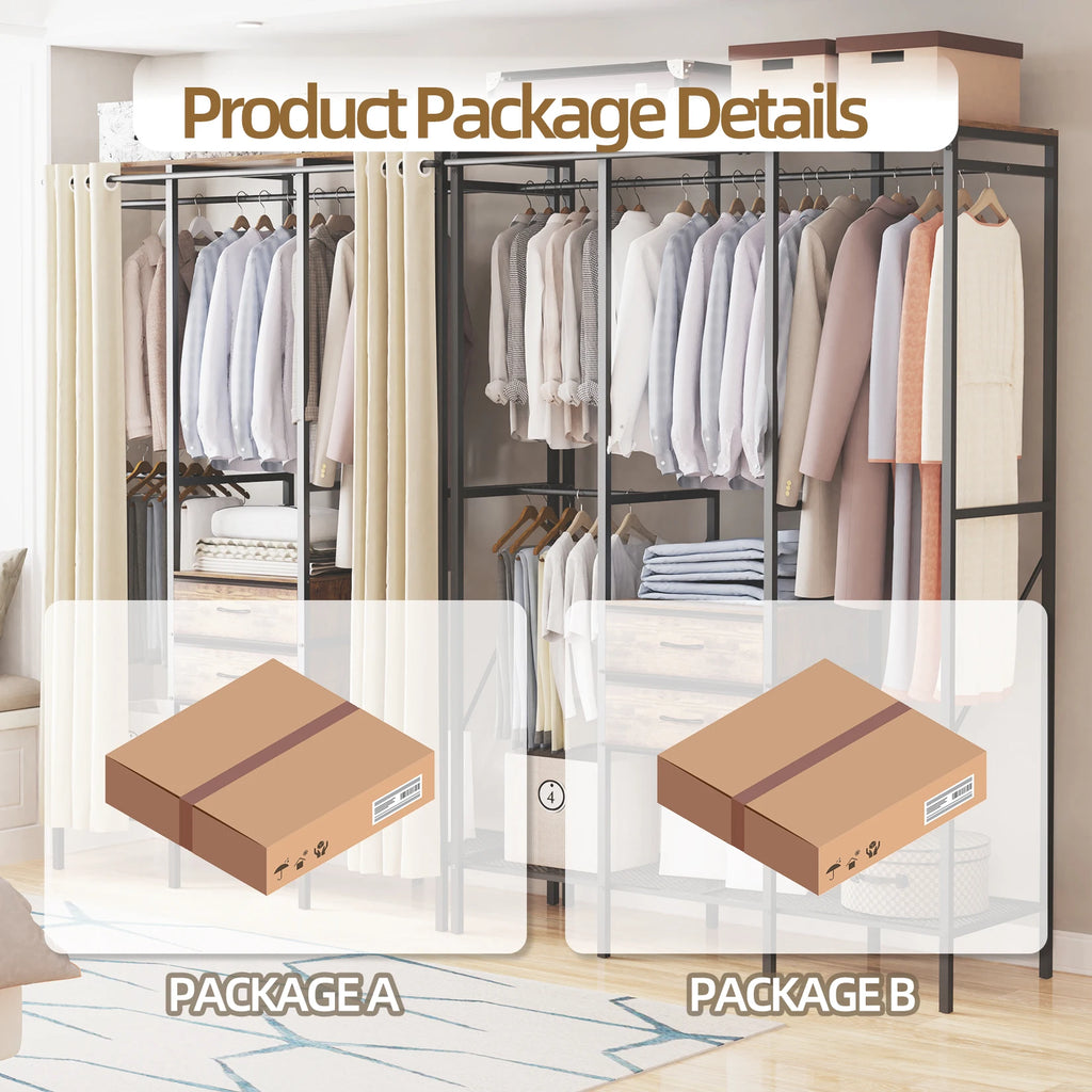 Heavy Duty Clothes Rack Wardrobe with Shelves and Dustproof Cover Industrial Garment Rack XXL Black & Brown