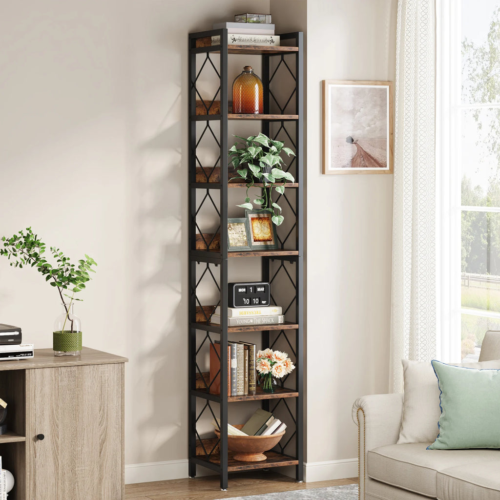 7-Tier Corner Bookshelf Narrow Metal Corner Shelf Storage Display Rack Brown