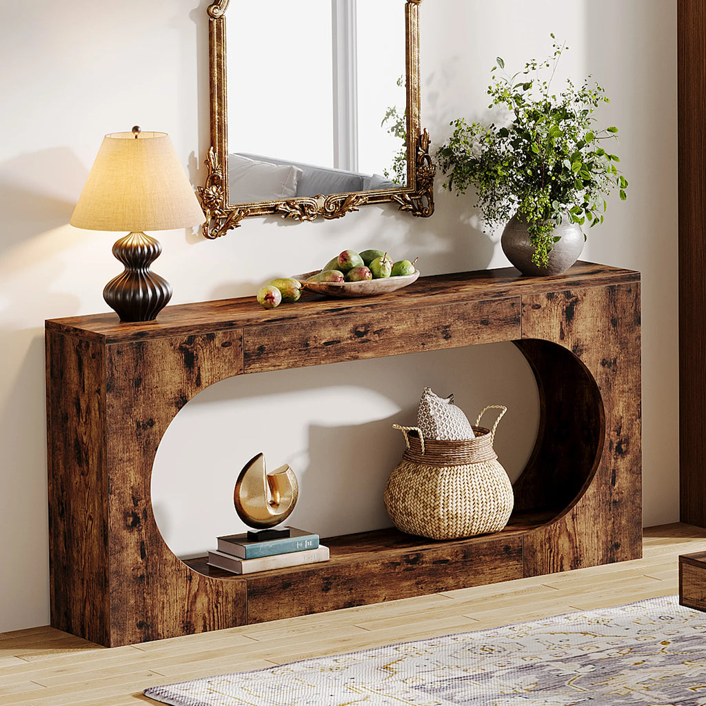 Farmhouse Console Table with 2-Tier Shelf 160cm Rustic Entryway Sofa Table Brown