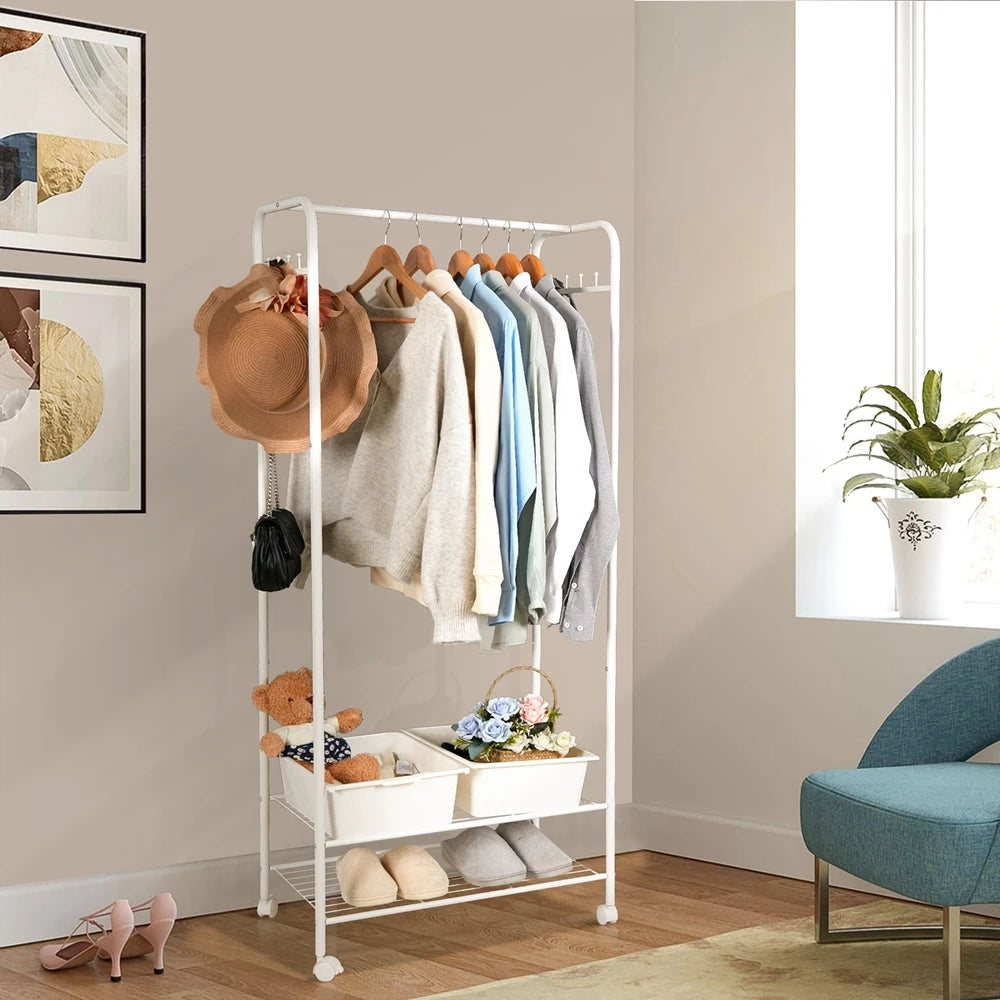 Freestanding Clothes Rack with Shelves and Wheels Metal Garment Rack Organizer White