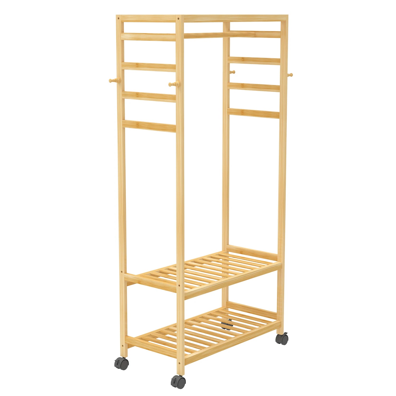Bamboo Clothes Rack with Shelves, Hooks and Wheels Freestanding Garment Rack Organizer Natural Wood