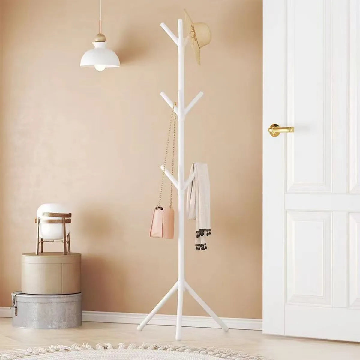 Freestanding Coat Rack with Multiple Hooks Plastic and Metal Clothes Stand White