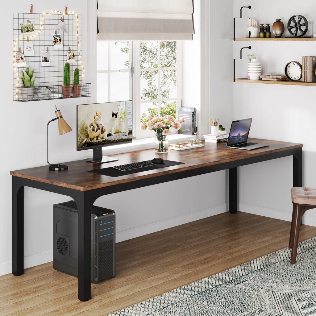 200cm Industrial Computer Desk for 2 People with Metal Frame Large Double Workstation Table Chocolate