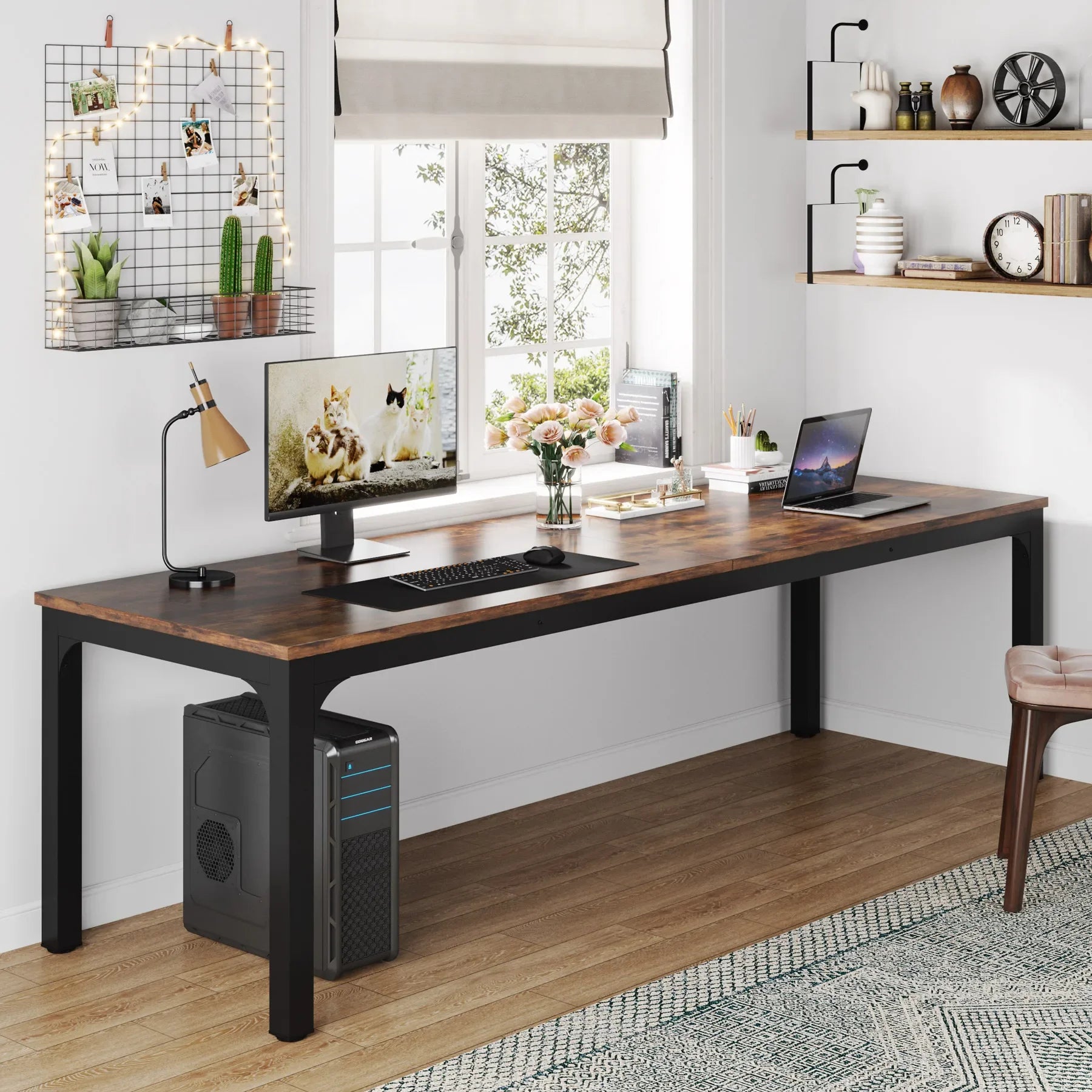 200cm Industrial Computer Desk for 2 People with Metal Frame Large Double Workstation Table Chocolate