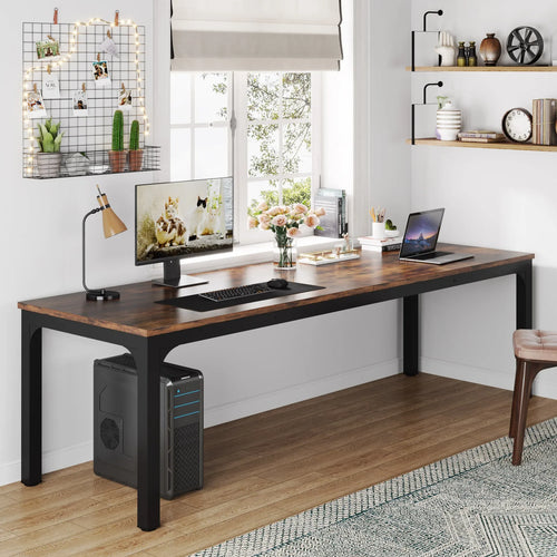 200cm Industrial Computer Desk for 2 People with Metal Frame Large Double Workstation Table Chocolate