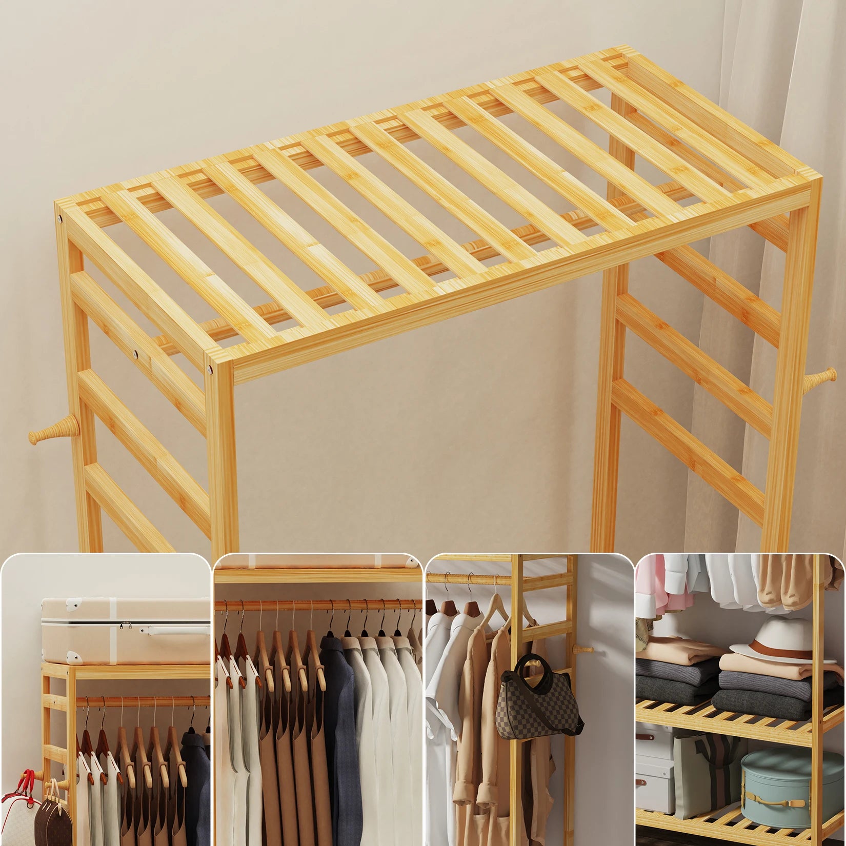 Bamboo Clothes Rack with Shelves, Hooks and Wheels Freestanding Garment Rack Organizer Natural Wood