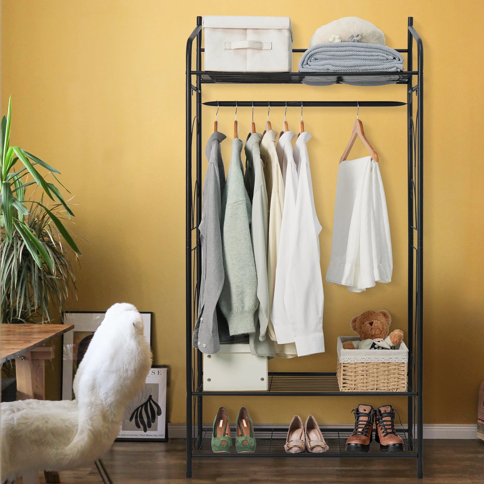 Metal Clothes Rack with Shelves and Hanging Rail Freestanding Garment Rack Organizer Black