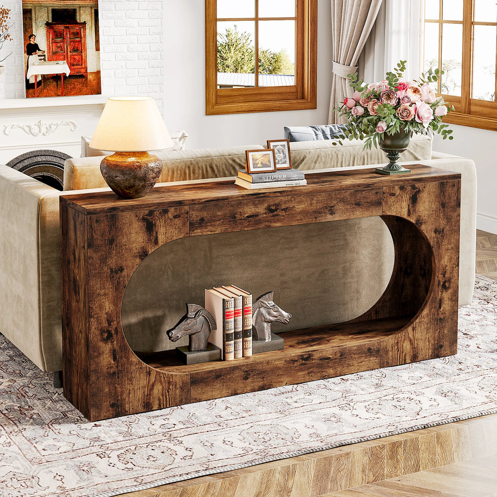 Farmhouse Console Table with 2-Tier Shelf 160cm Rustic Entryway Sofa Table Brown