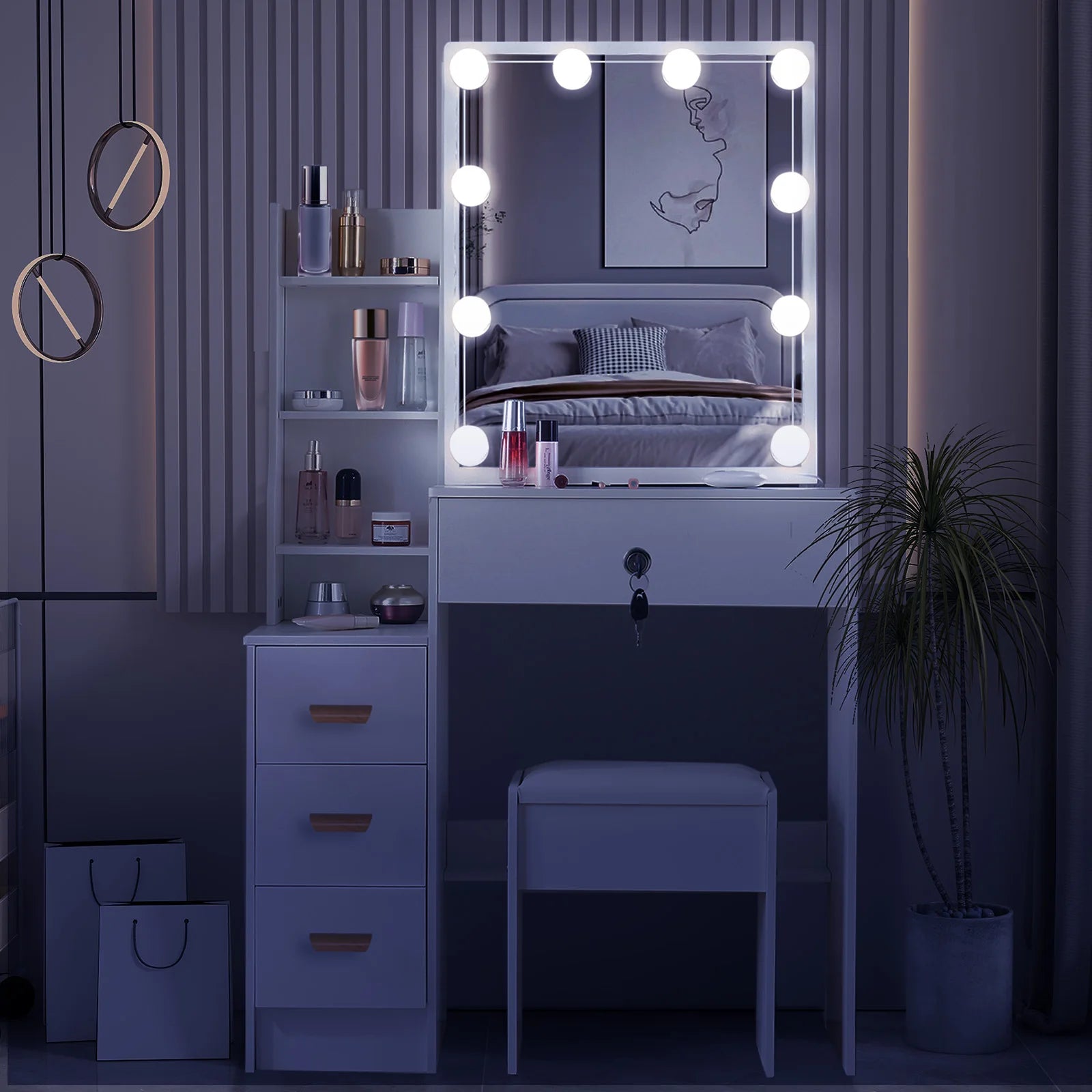 Vanity Table Set with LED Mirror, Stool and Storage Drawers Makeup Dressing Table