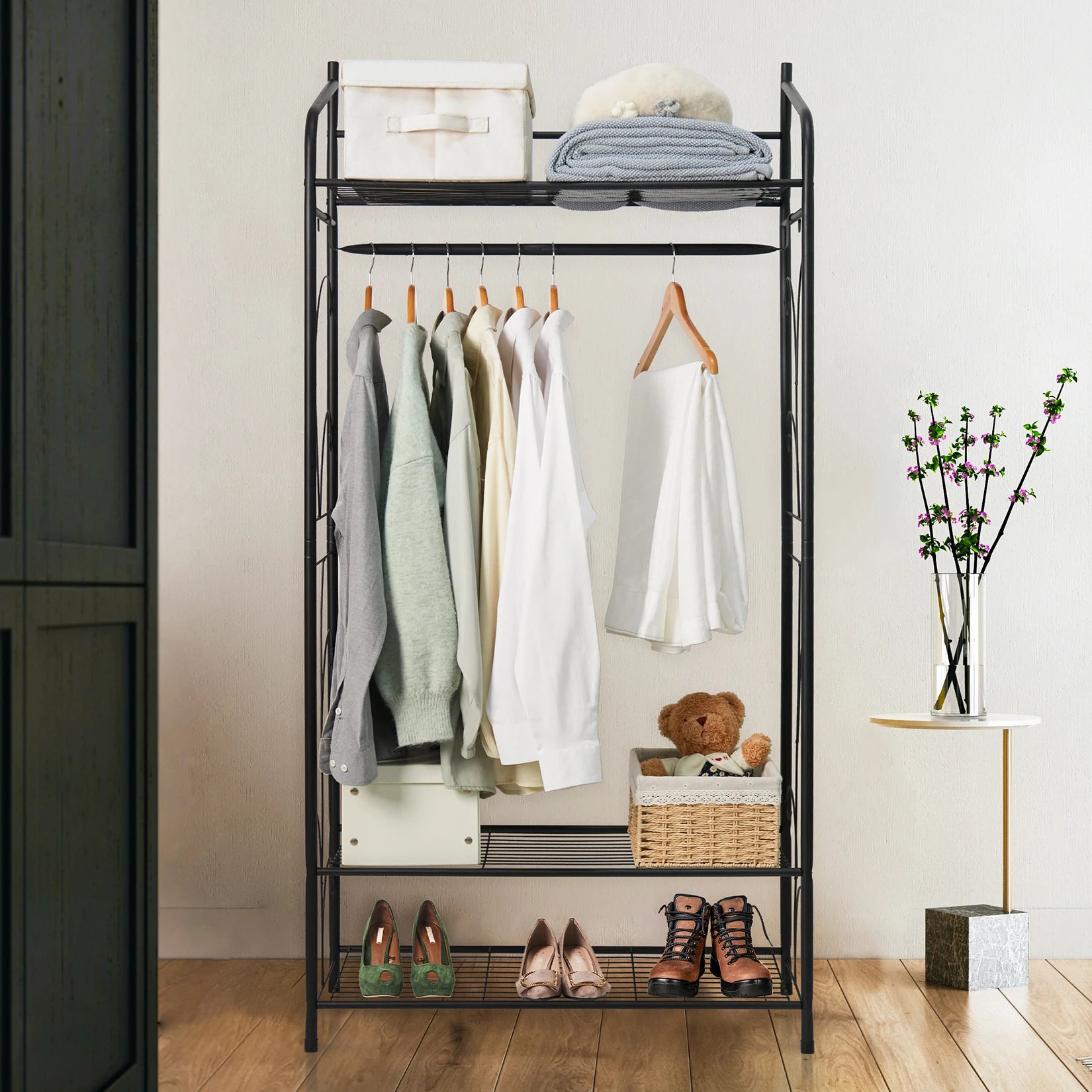 Metal Clothes Rack with Shelves and Hanging Rail Freestanding Garment Rack Organizer Black