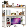 2-Tier Desktop Monitor Stand with Storage Shelf and Metal Frame Wooden Desk Organiser White