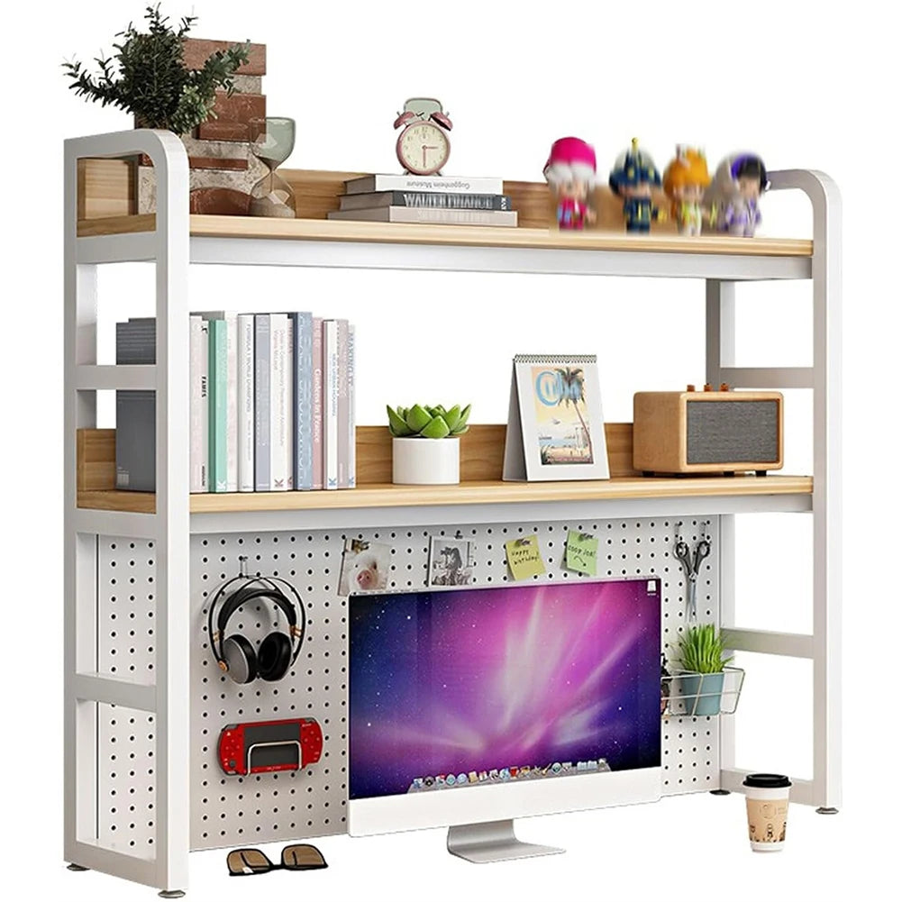 2-Tier Desktop Monitor Stand with Storage Shelf and Metal Frame Wooden Desk Organiser White