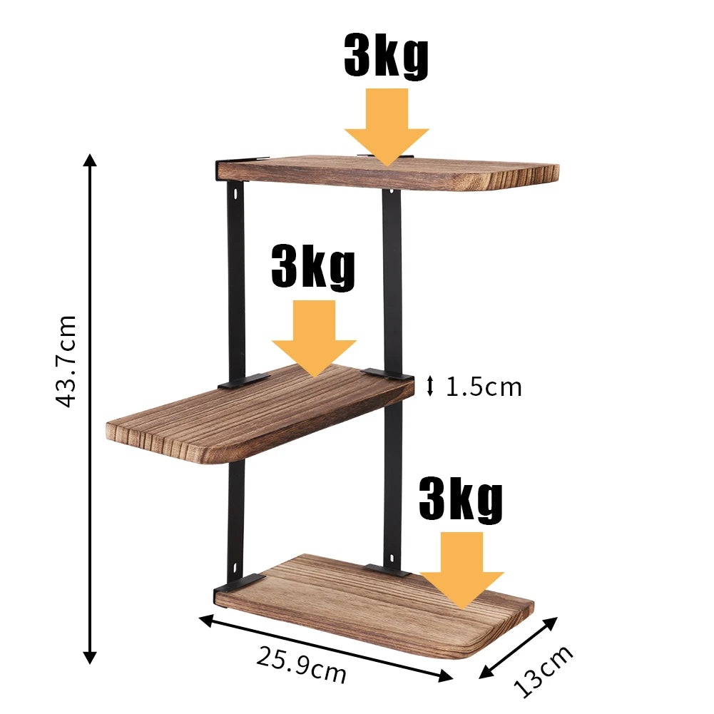 3-Tier Wall Mounted Floating Shelf with Metal Frame Rustic Display Shelves Black & Light Brown