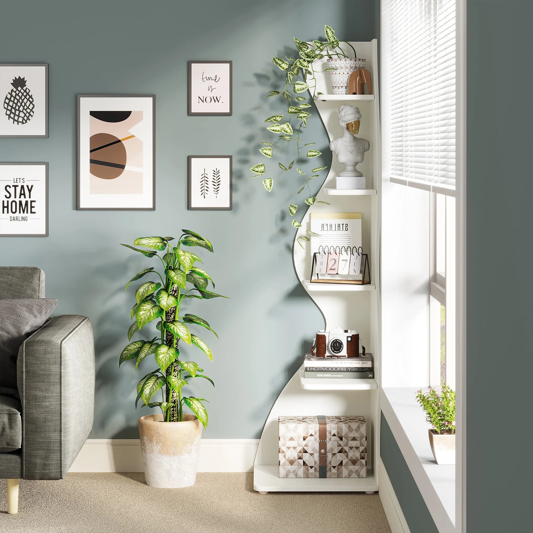 5-Tier White Corner Shelf Storage Rack Wooden Display Bookshelf for Living Room Bedroom Office White