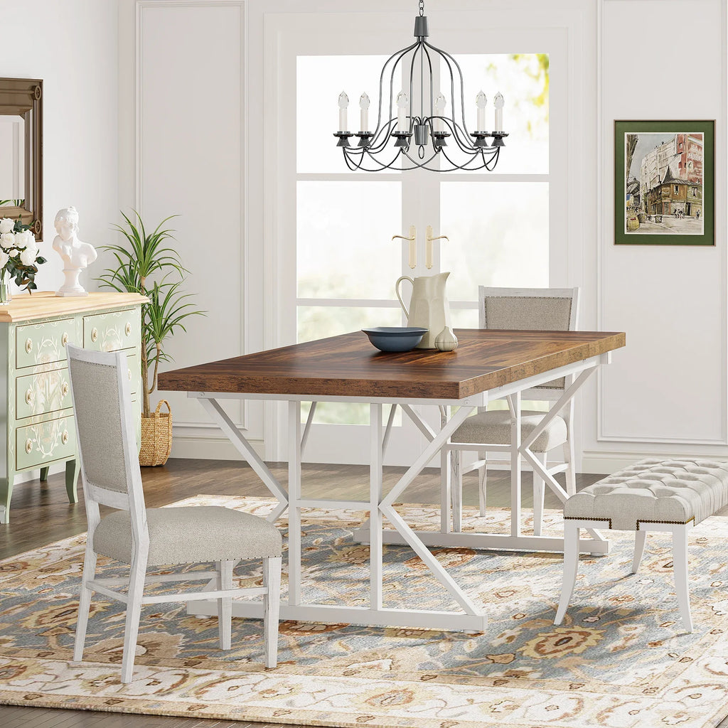 6-Seater Farmhouse Dining Table with Metal Trestle Frame and Wooden Top 180cm Kitchen Table Brown and White