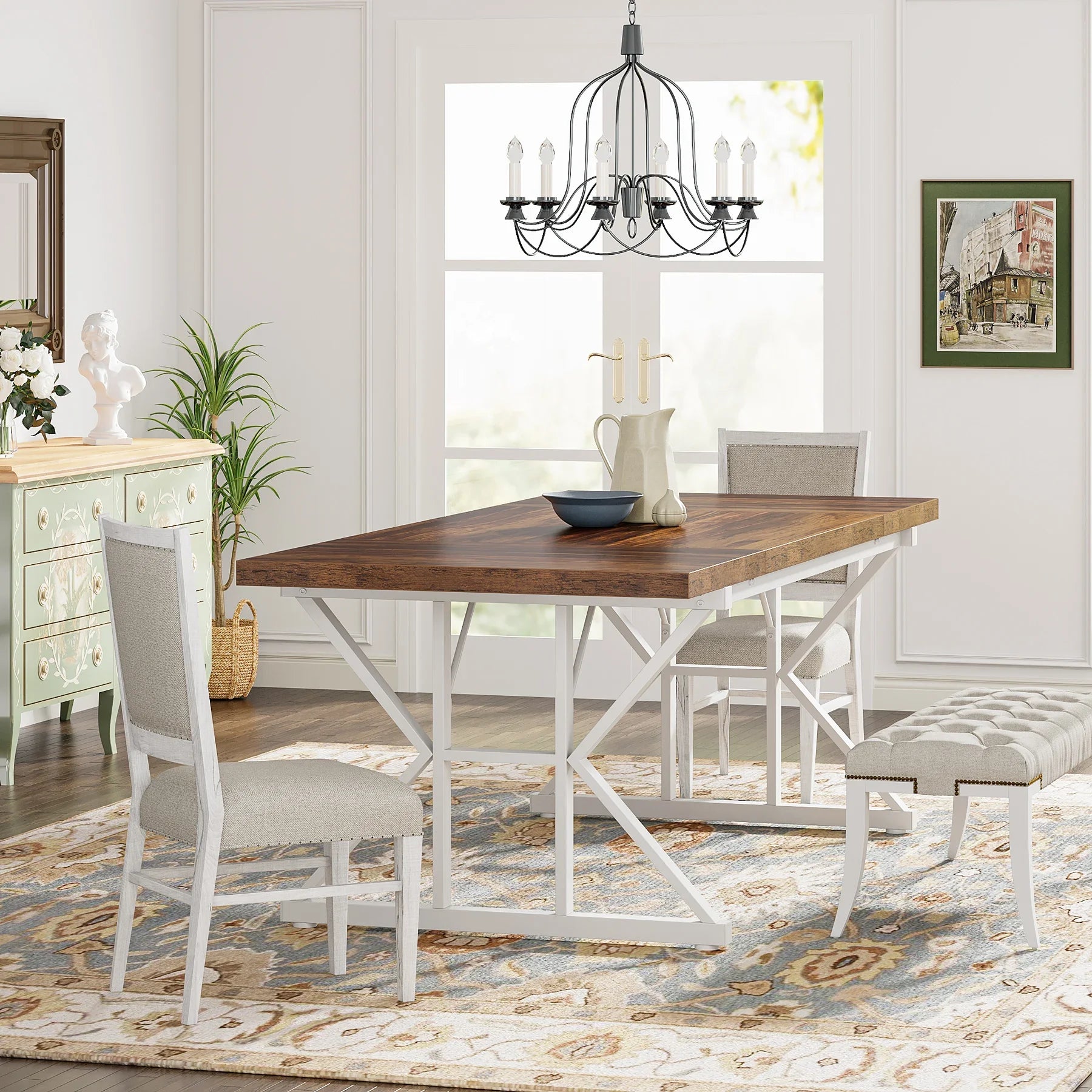 6-Seater Farmhouse Dining Table with Metal Trestle Frame and Wooden Top 180cm Kitchen Table Brown and White