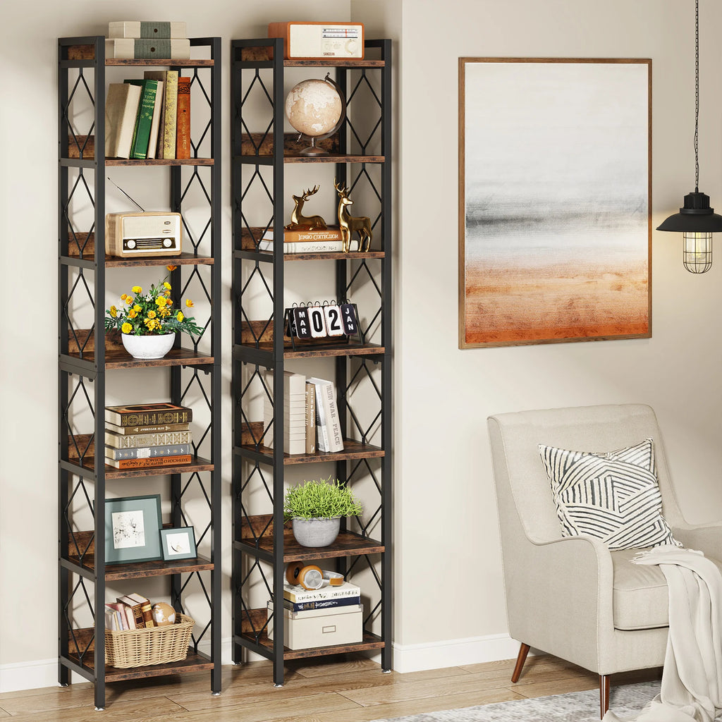 7-Tier Corner Bookshelf Narrow Metal Corner Shelf Storage Display Rack Brown