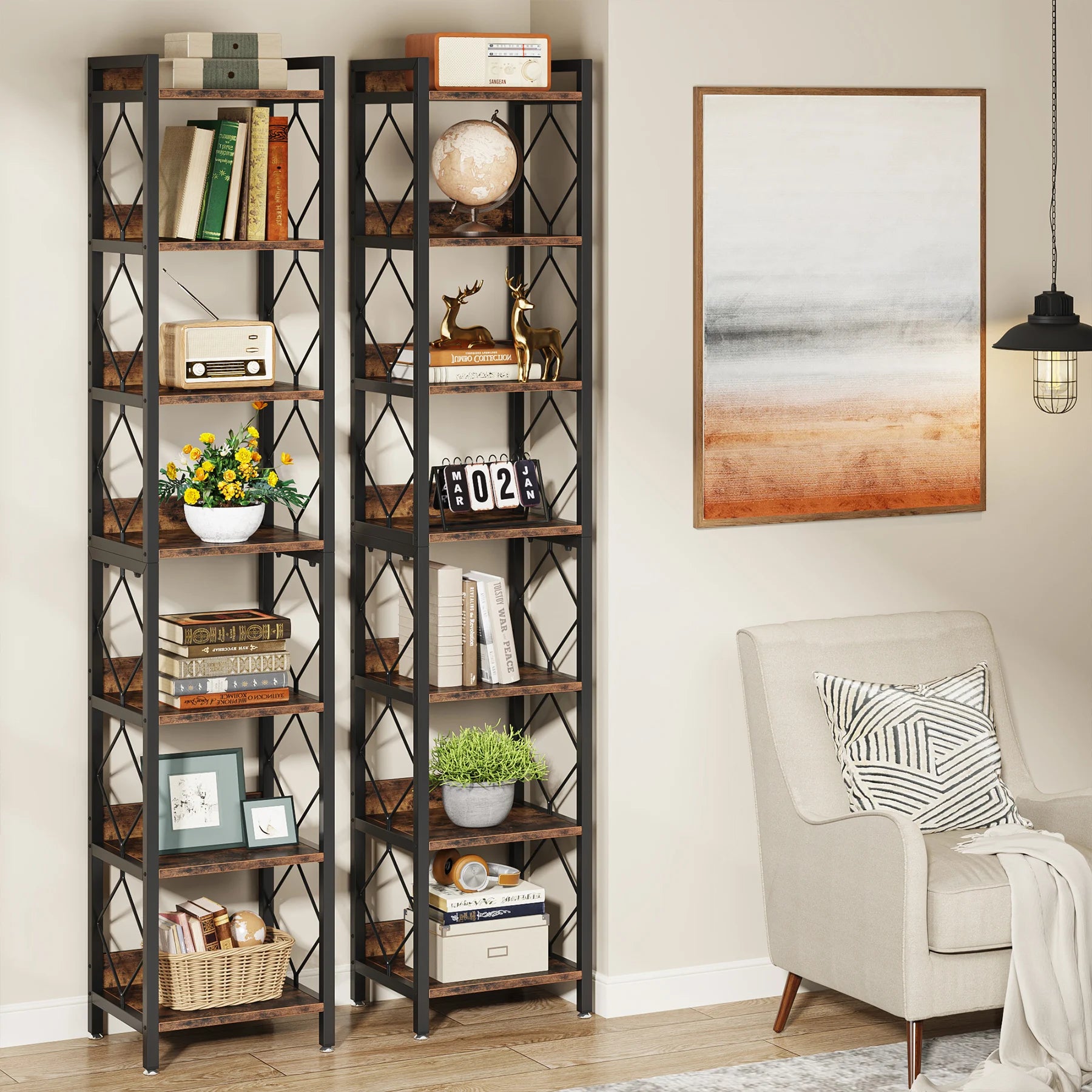 7-Tier Corner Bookshelf Narrow Metal Corner Shelf Storage Display Rack Brown