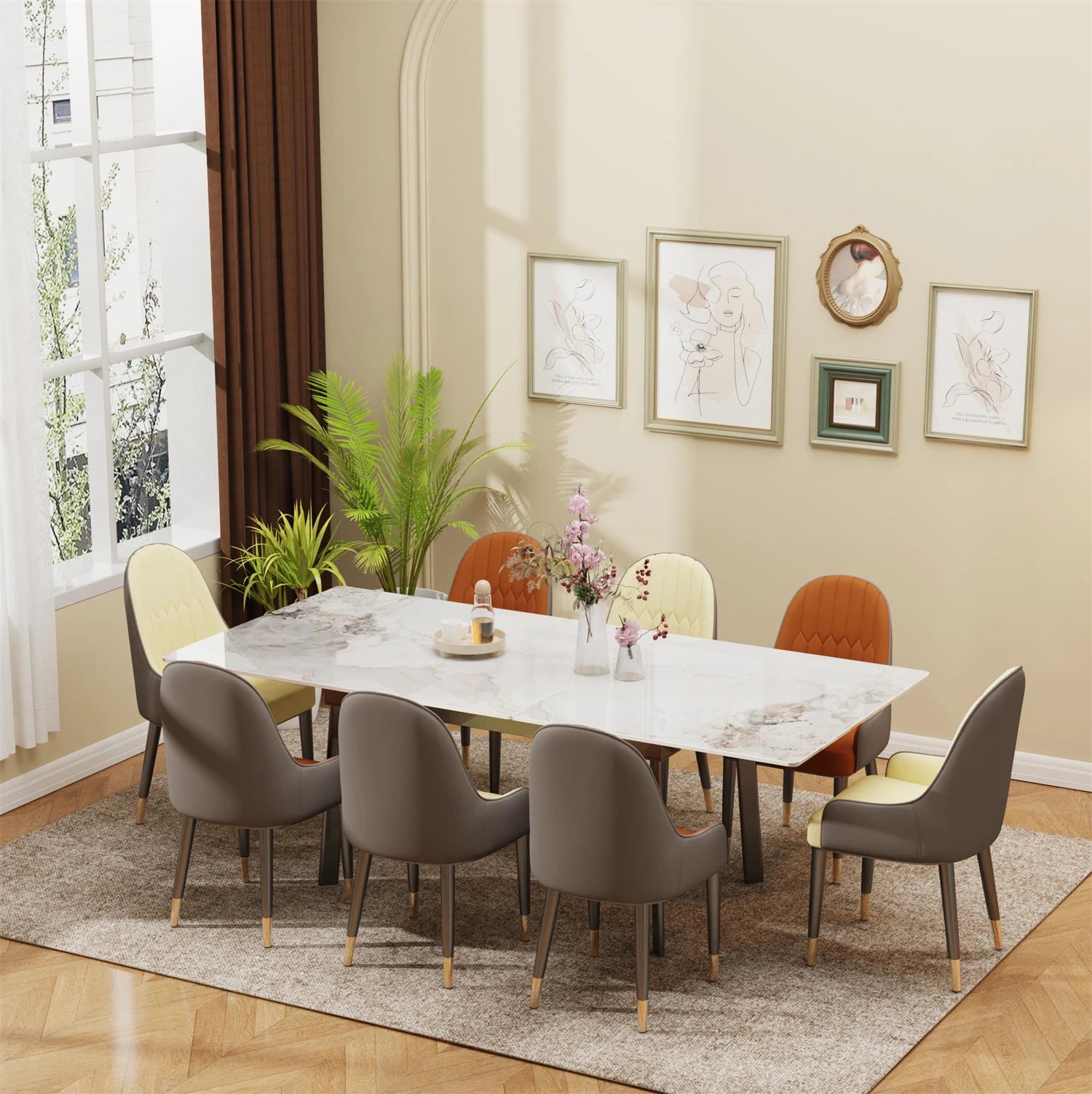 Extendable Dining Table with Sintered Stone Top and Metal Frame 150-180cm Modern Kitchen Table White Emerald