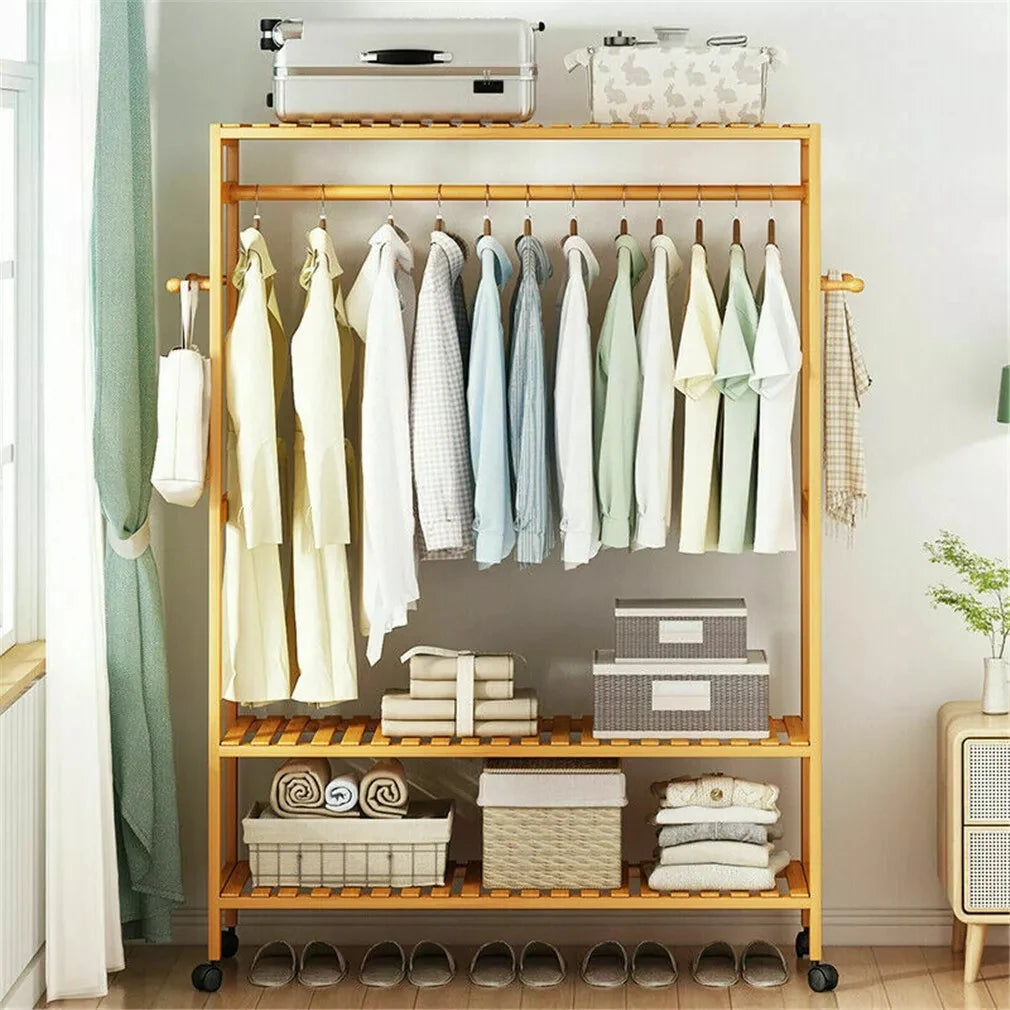 Bamboo Clothes Rack with Shelves, Hooks and Wheels Freestanding Garment Rack Natural Wood