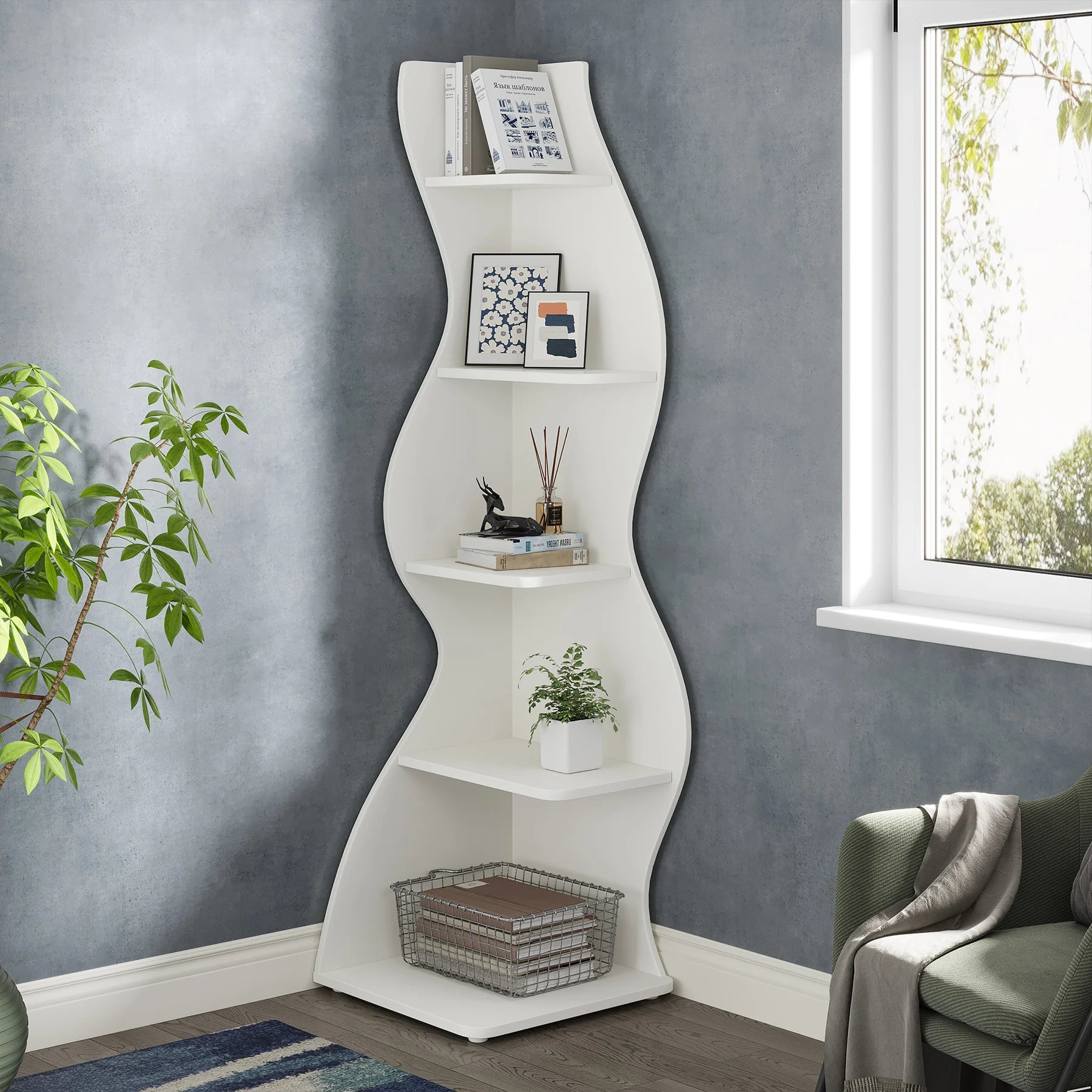5-Tier White Corner Shelf Storage Rack Wooden Display Bookshelf for Living Room Bedroom Office White