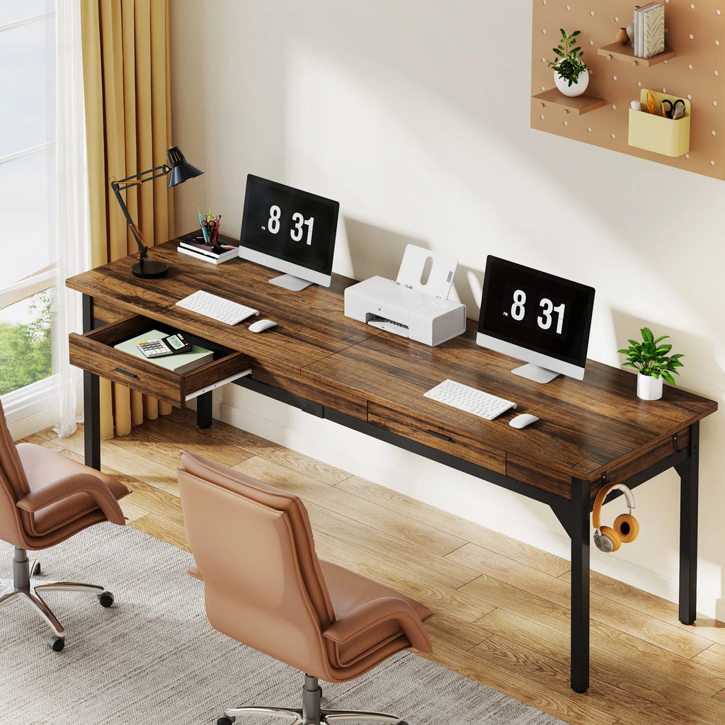 2-Person Office Desk with Drawers and Hooks 200cm Rustic Computer Workstation Rustic Brown