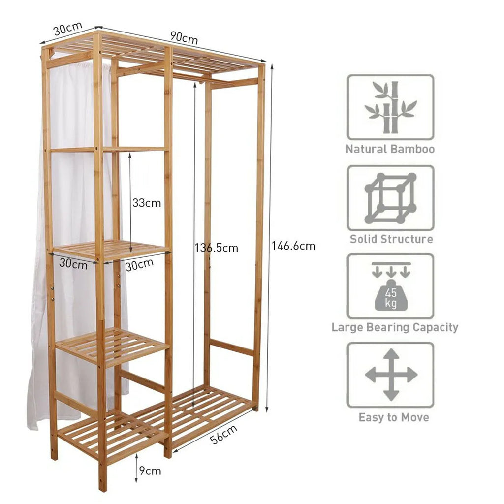 Bamboo Clothes Rack with Shelves and Dustproof Curtain Freestanding Garment Rack Brown