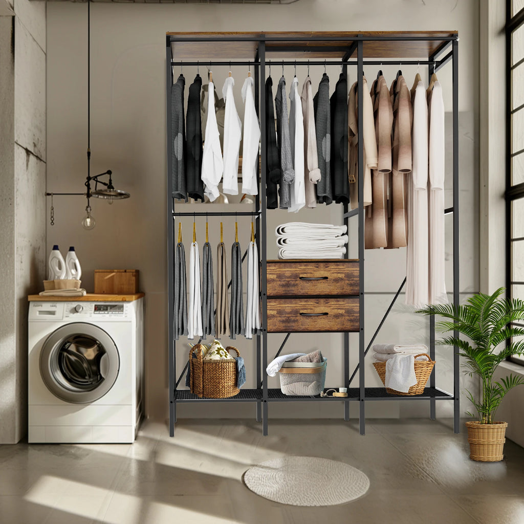 Heavy Duty Clothes Rack Wardrobe with Shelves and Dustproof Cover Industrial Garment Rack XXL Black & Brown