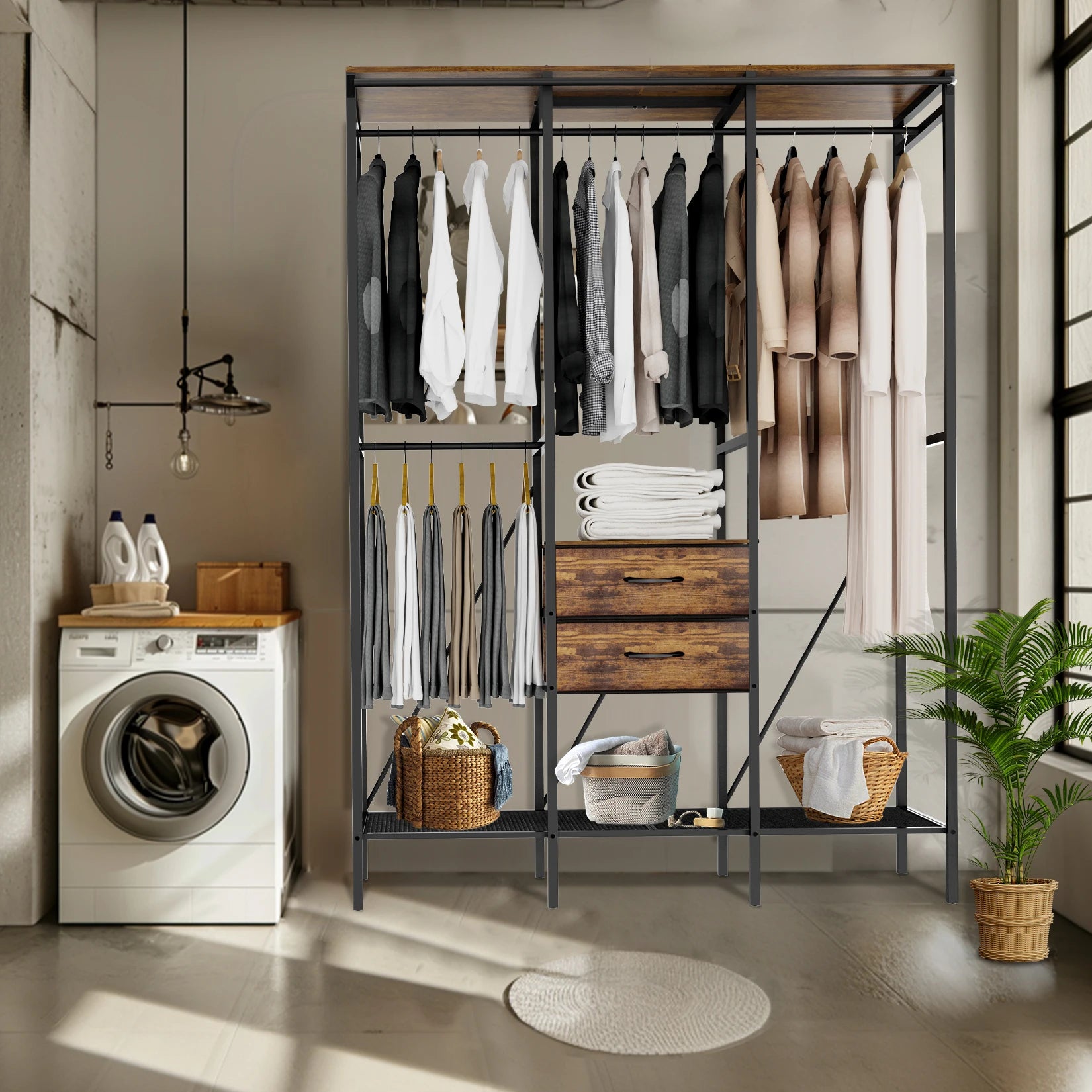 Heavy Duty Clothes Rack Wardrobe with Shelves and Dustproof Cover Industrial Garment Rack XXL Black & Brown