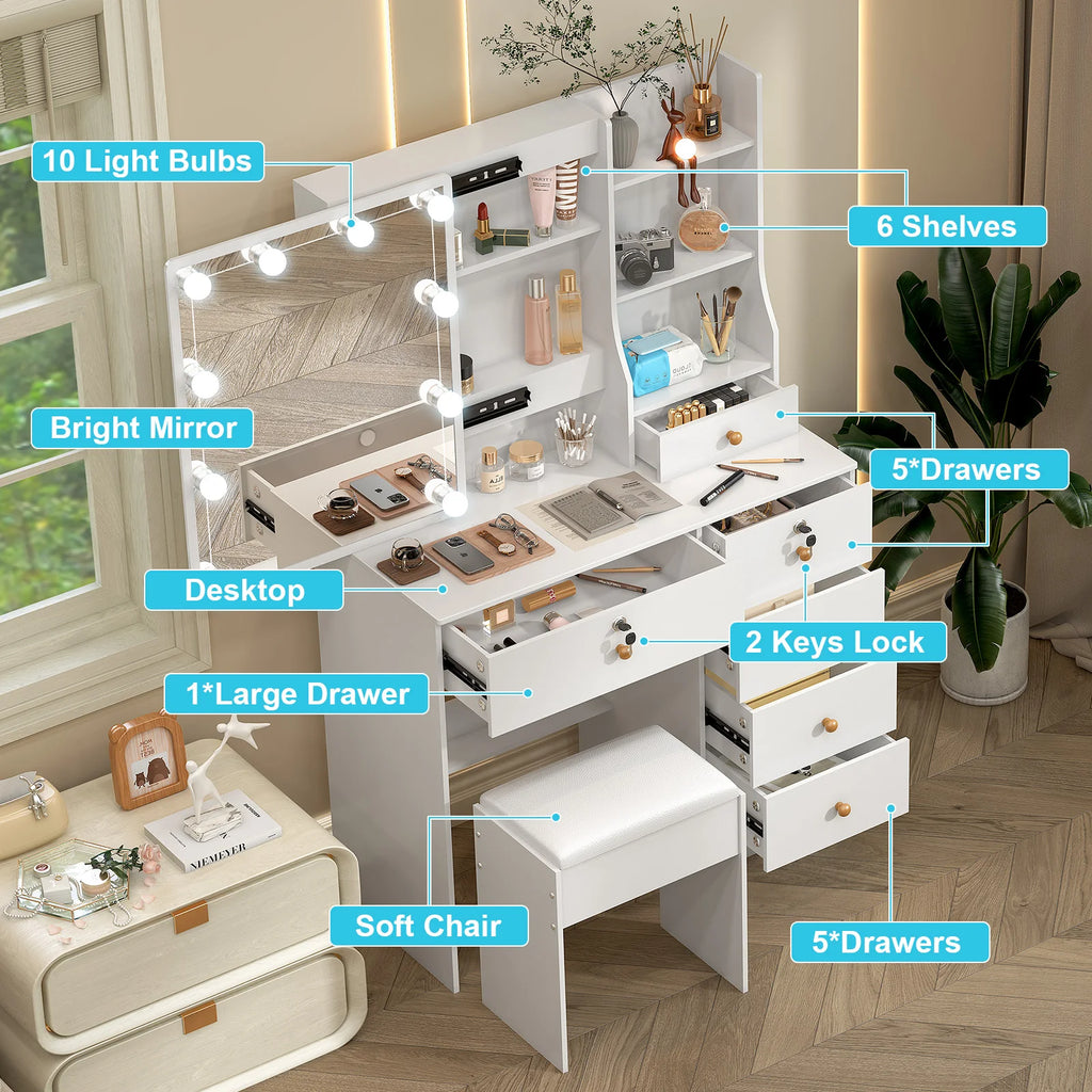 Vanity Table Set with LED Mirror, Stool and 6 Drawers Sliding Mirror Makeup Dressing Table White