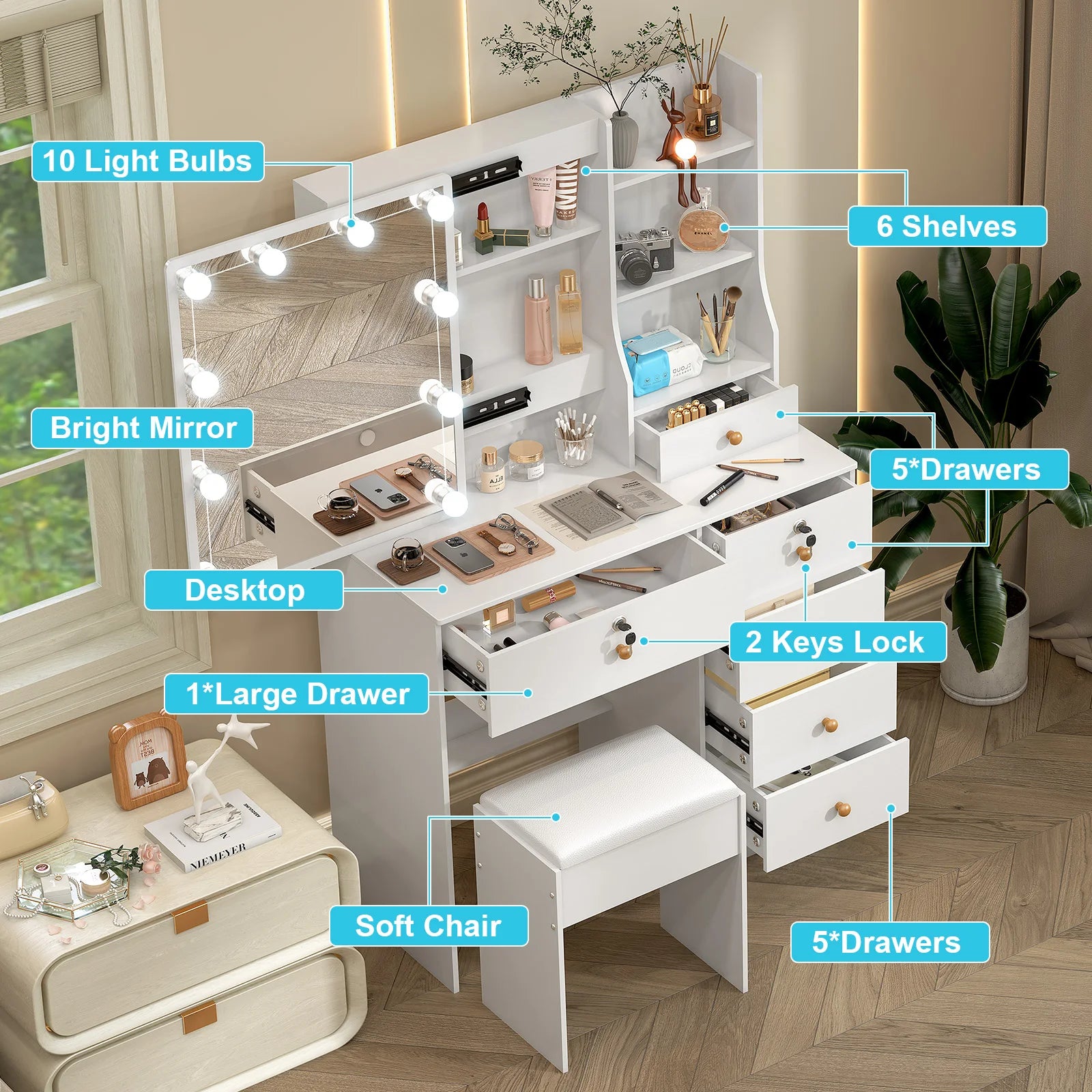 Vanity Table Set with LED Mirror, Stool and 6 Drawers Sliding Mirror Makeup Dressing Table White